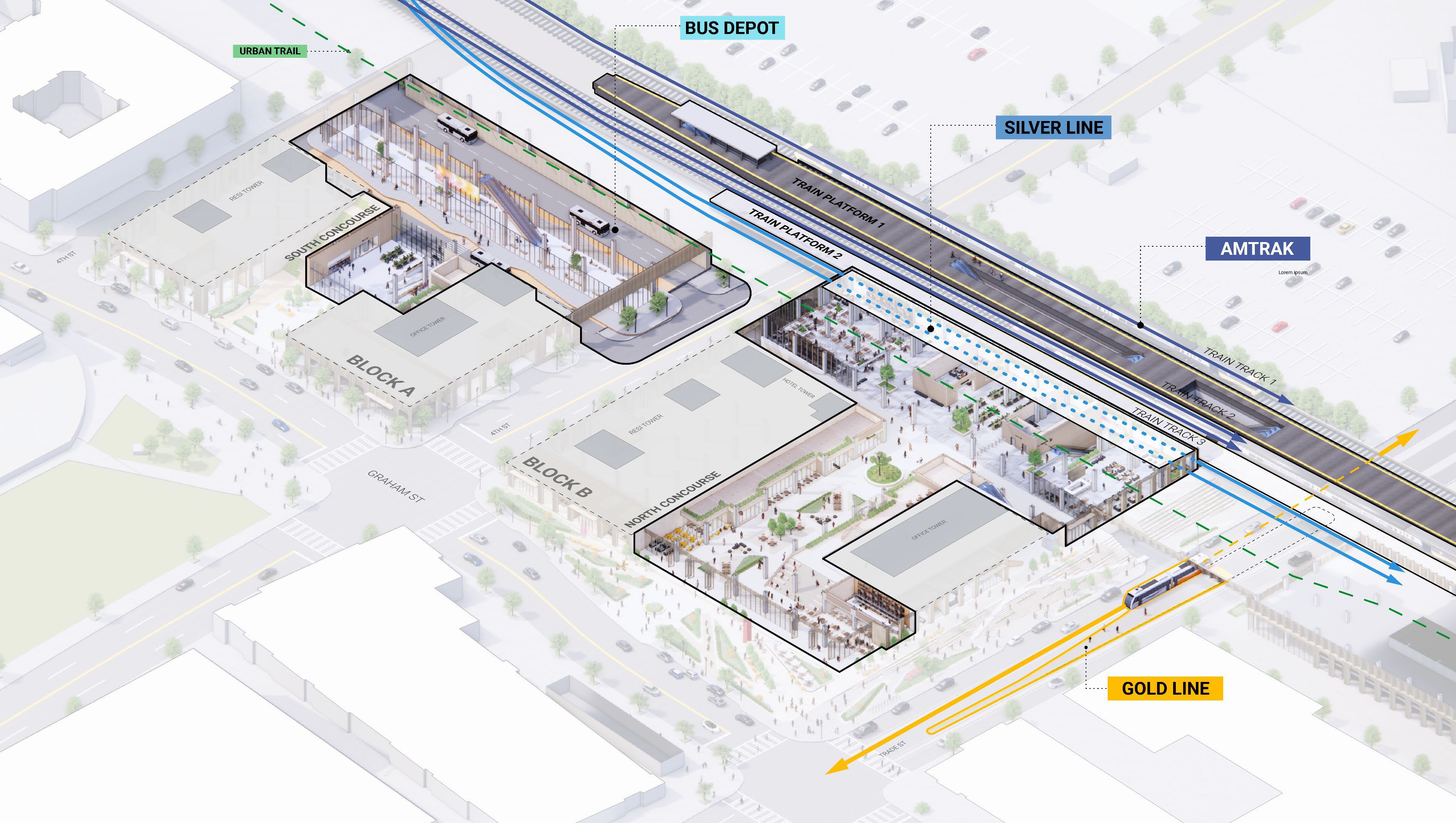 Architectural rendering of a transit hub showing train platforms, bus depot, urban trail, and labeled lines: Silver Line (blue), Gold Line (yellow). Blocks A and B with concourses shown.