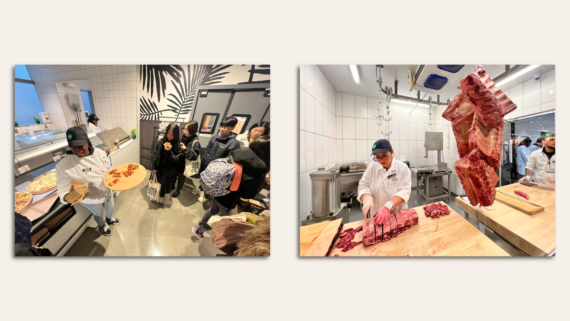 At left, a pizza maker offers slices to customers at a Whole Foods store; at right, a butcher carves meat inside a Whole Foods.