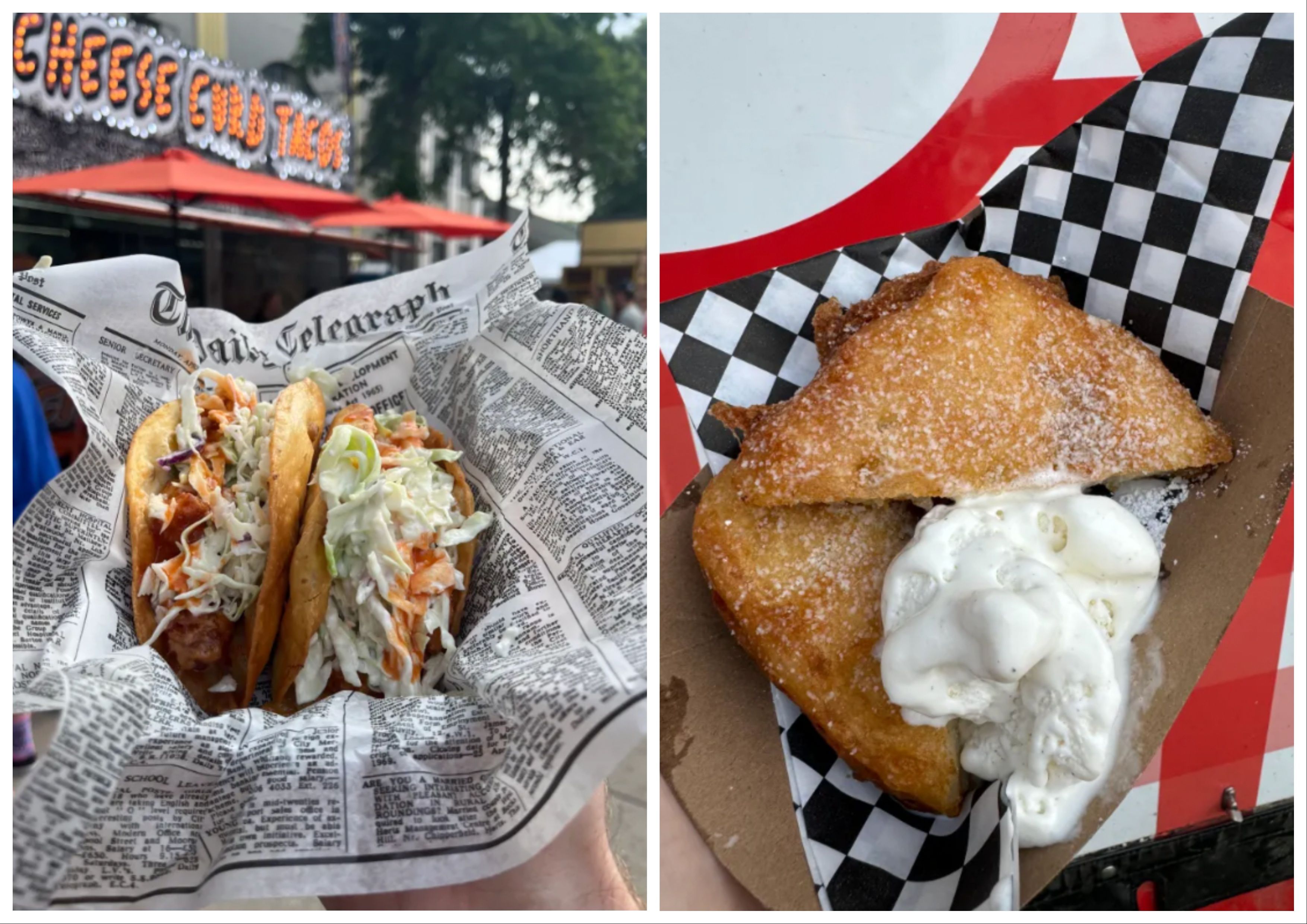 A photo of two tacos and a photo of a fried pie