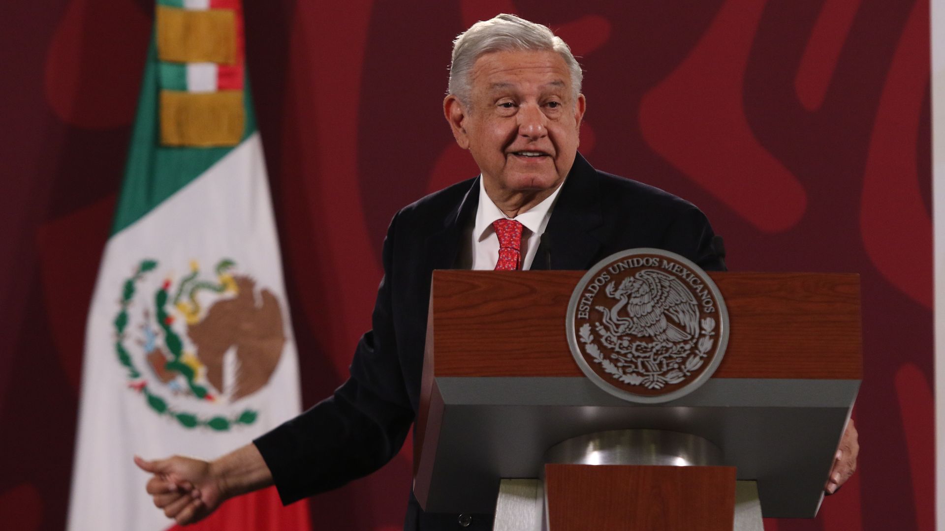 Mexican President Andres Manuel Lopez Obrador gestures during his daily morning briefing conference at National Palace. On April 1, 2022 in Mexico City, Mexico. 