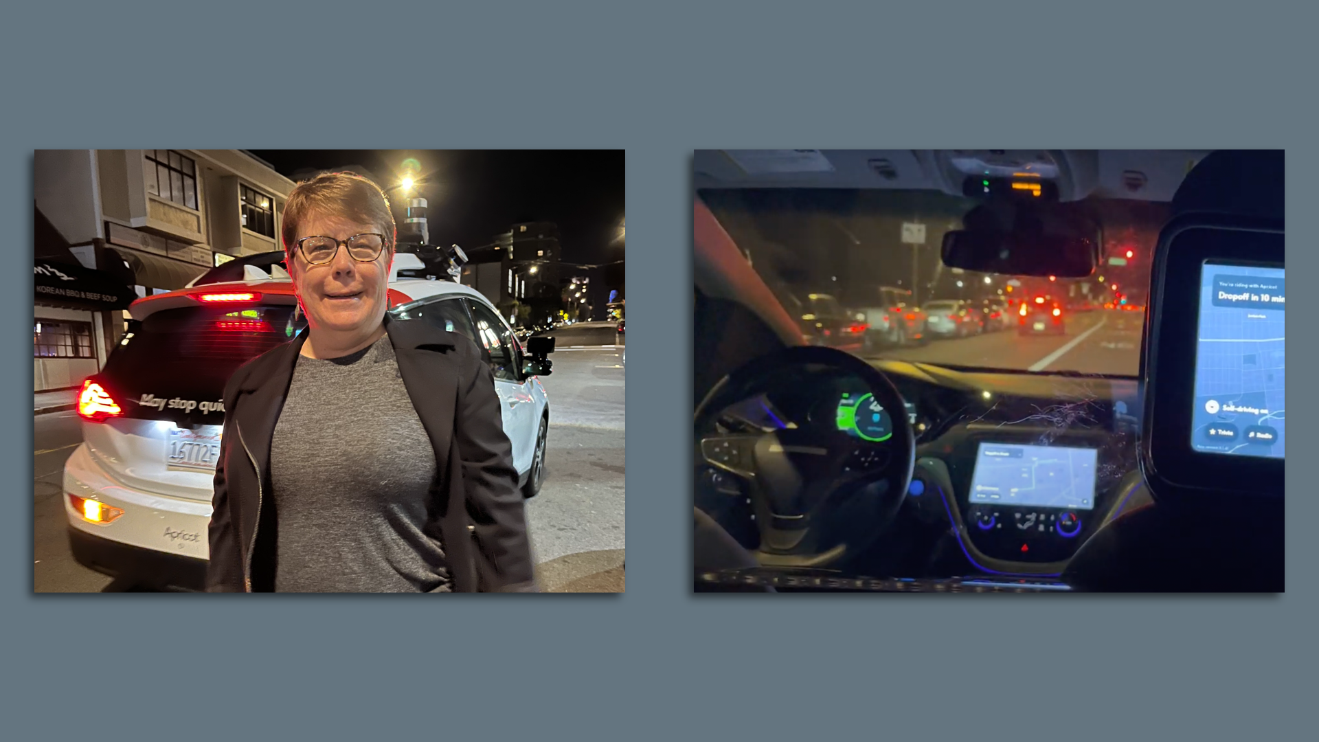 Side by side images of the author and her view from the back seat of a Cruise robotaxi