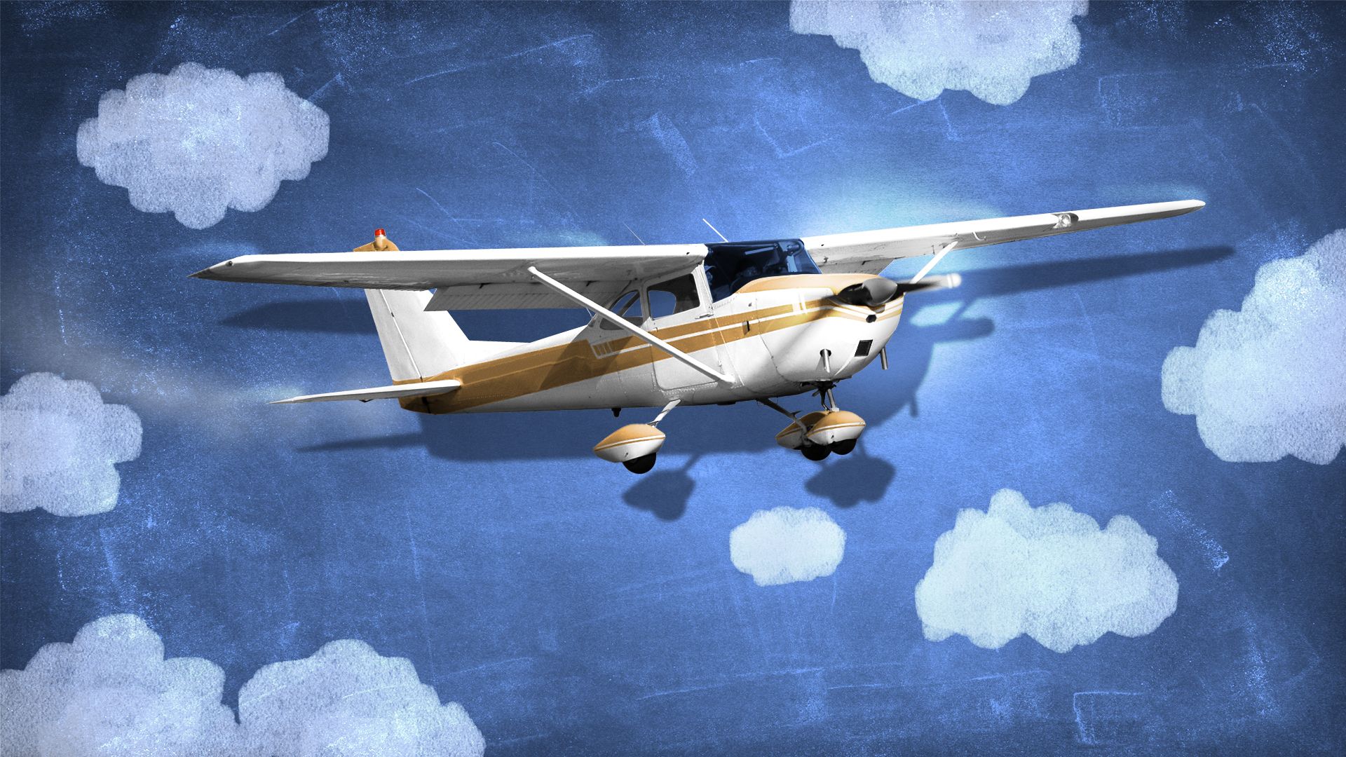 Illustration of a Cessna 172 flying across a blue chalkboard with chalk clouds