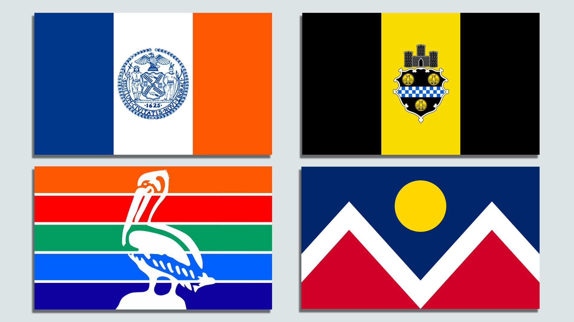 Clockwise from top left: The New York City flag, the Pittsburgh flag, the Denver flag, and the St. Petersburg, Fla., flag.