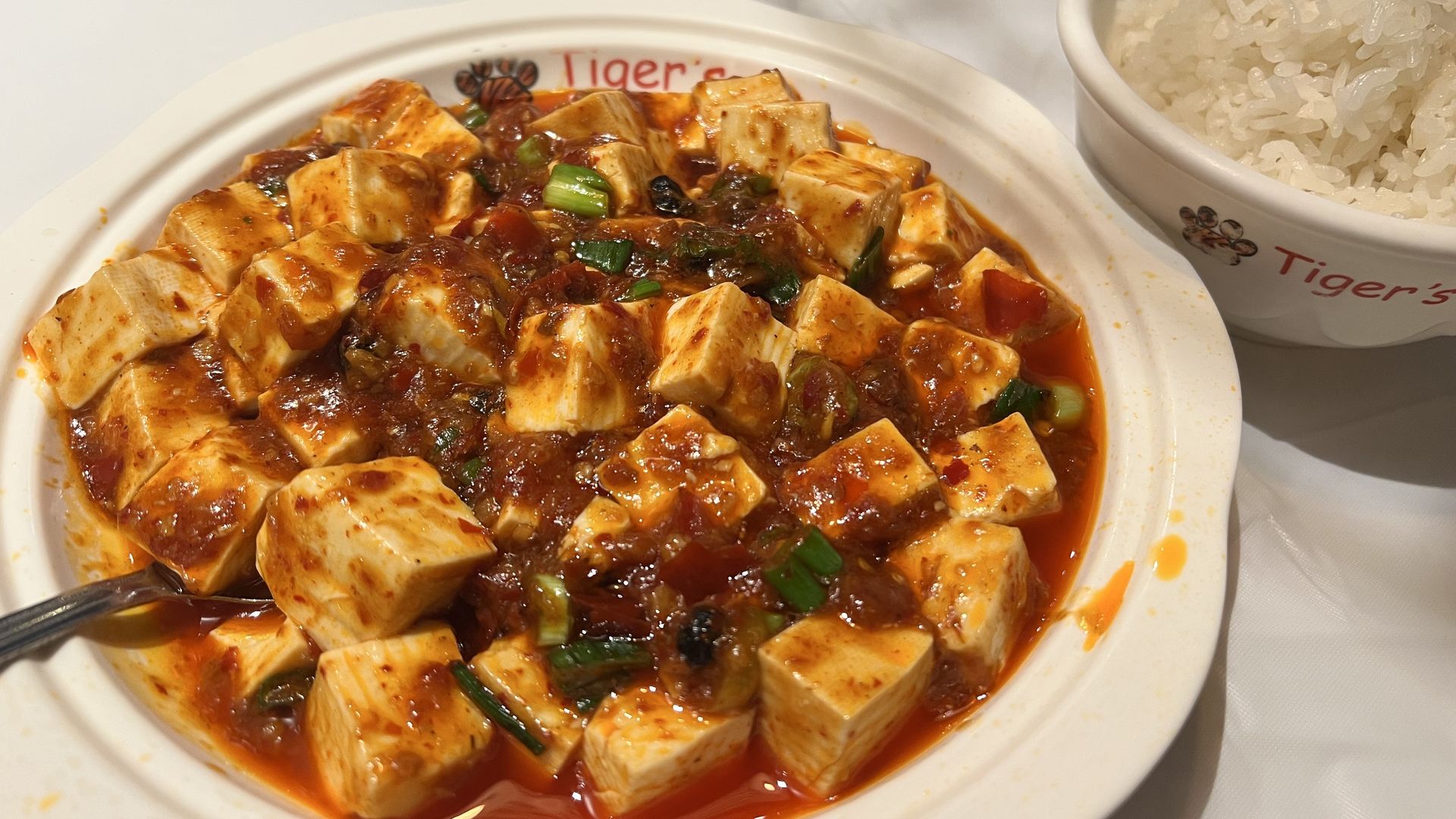 Photo of mapo tofu and rice. 