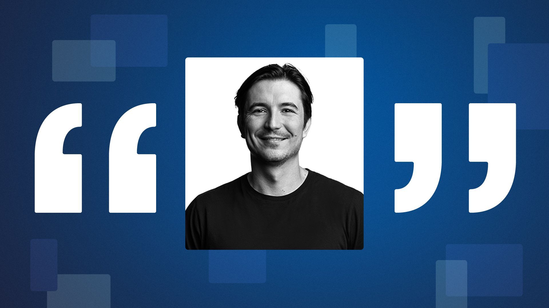 An illustration of Vlad Tenev of Robinhood surrounded by blue squares and quotation marks