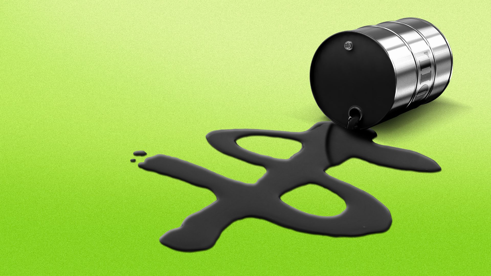 Illustration of an overturned barrel of oil forming a dollar sign shaped puddle