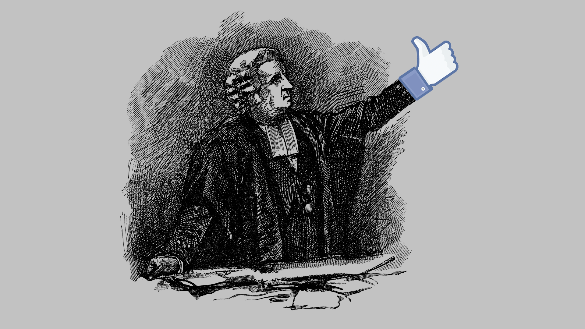 Illustration of an engraving of 19th century lawyer with a Facebook "like" as his hand