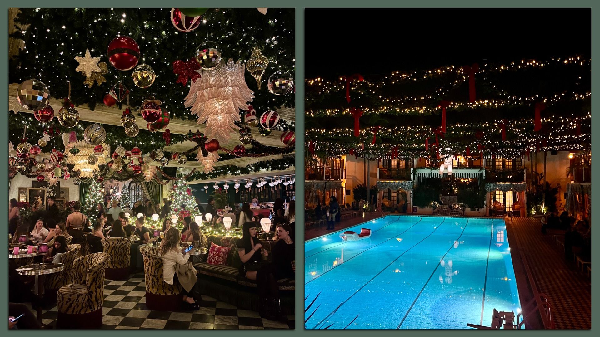 Indoor hotel lobby with Christmas decorations, red and gold ornaments, and chandeliers; night outdoor swimming pool decorated with string lights and red ribbons above.