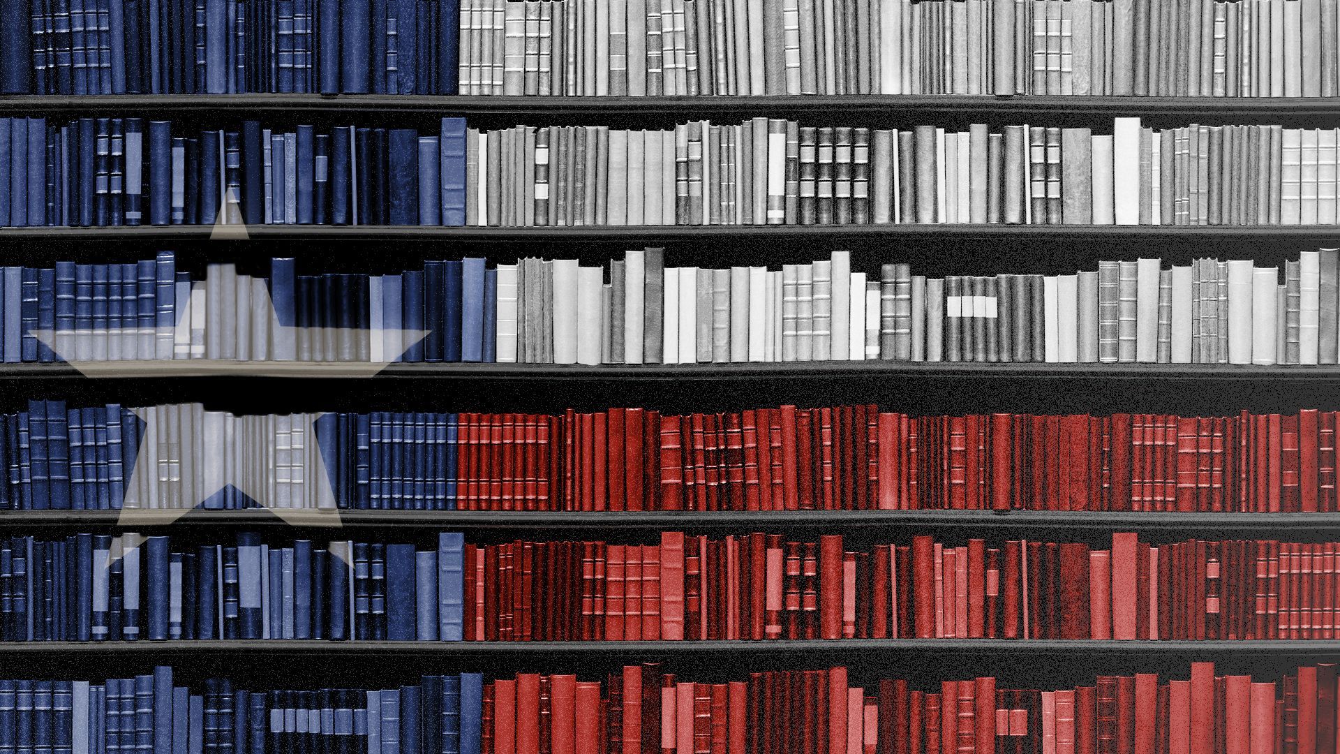 Illustration of a bookshelf with books in the colors of the Texas flag. 