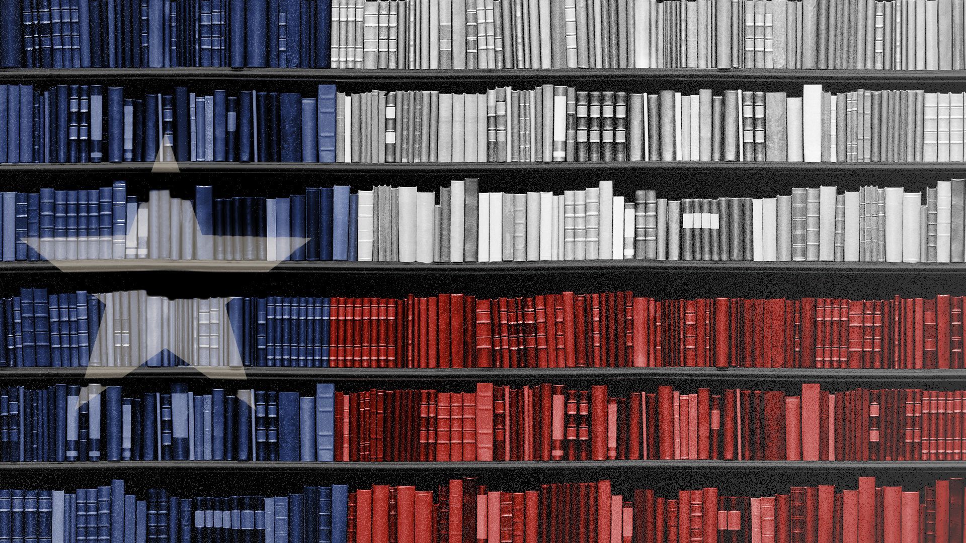 Illustration of a bookshelf with books in the colors of the Texas flag.