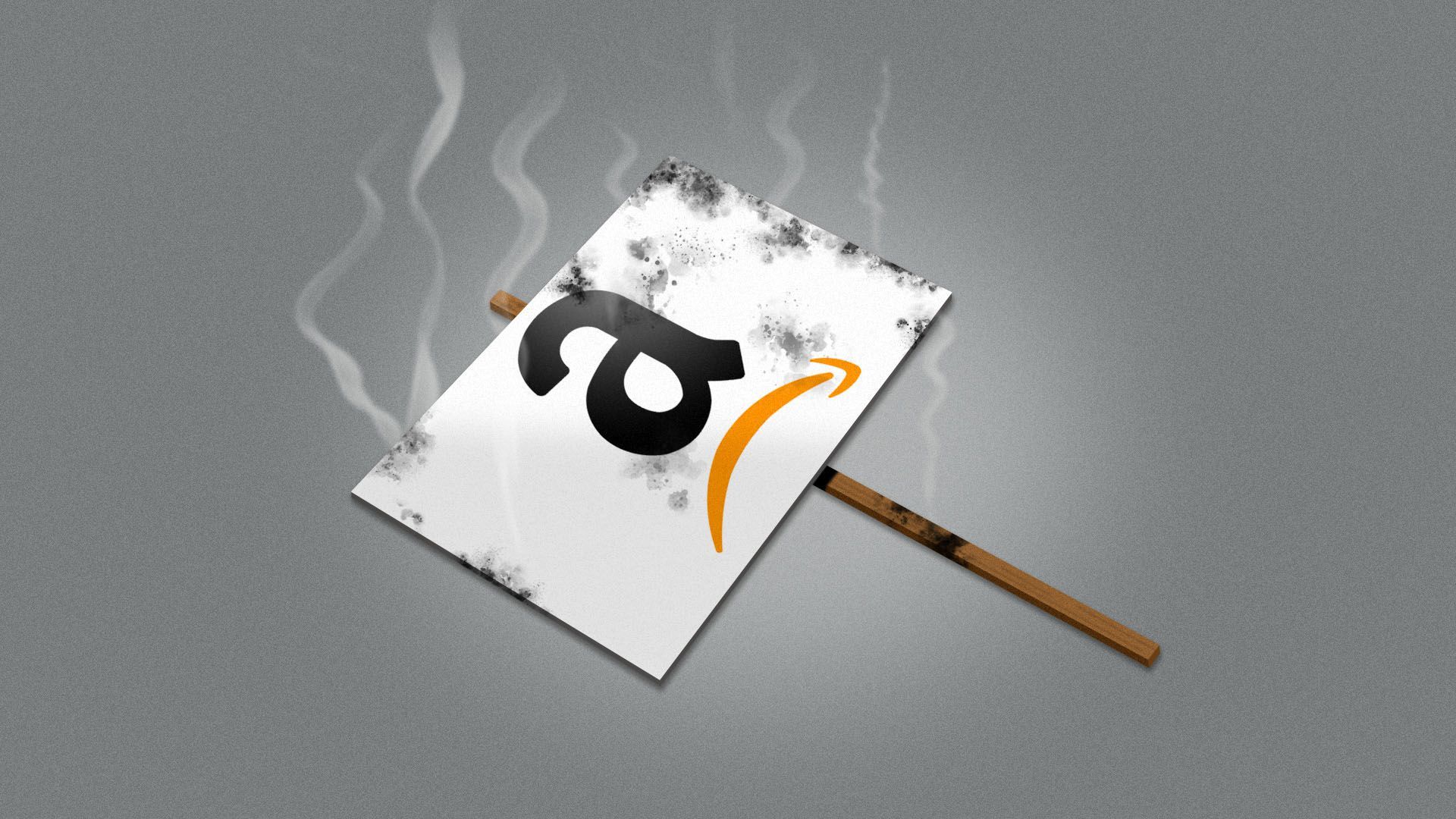 Illustration of a damaged picket sign with a modified Amazon logo on it with smoke coming off