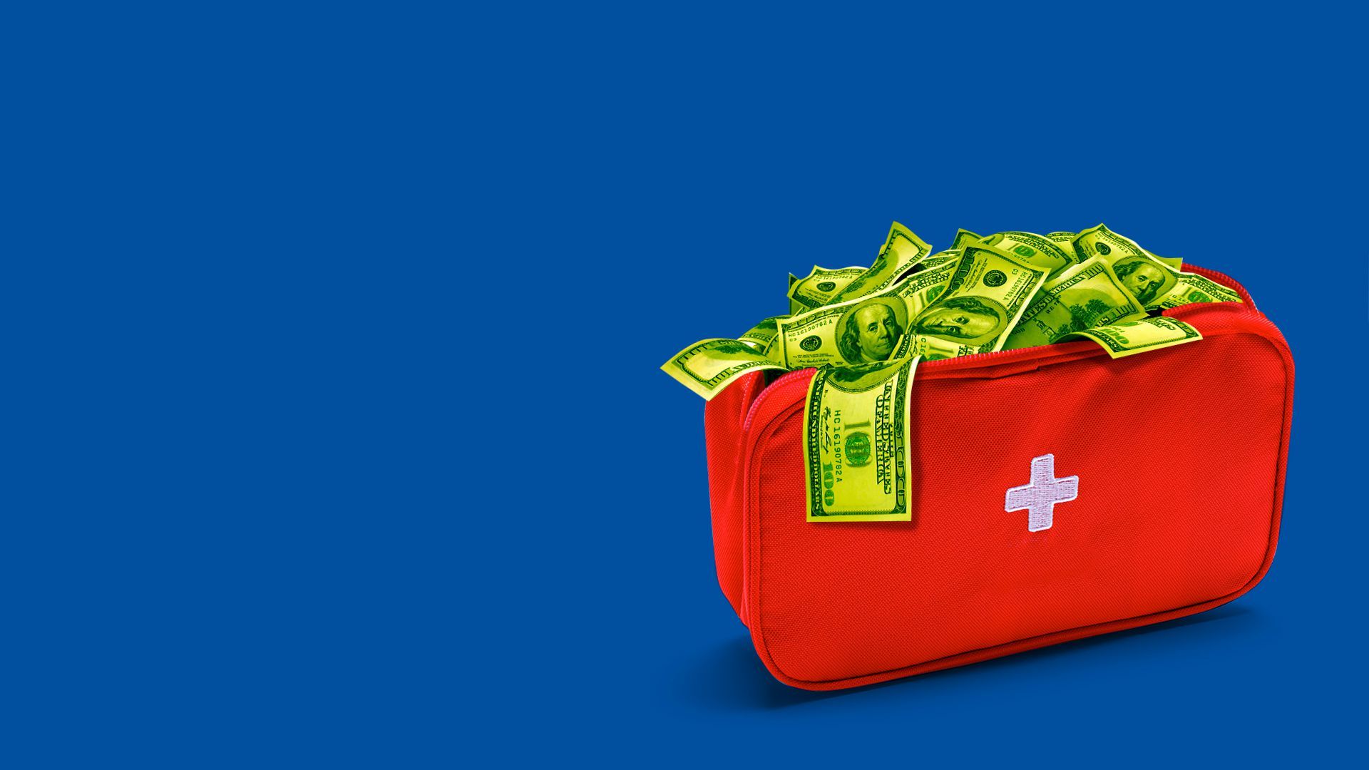 Illustration of a first aid bag full of money.   