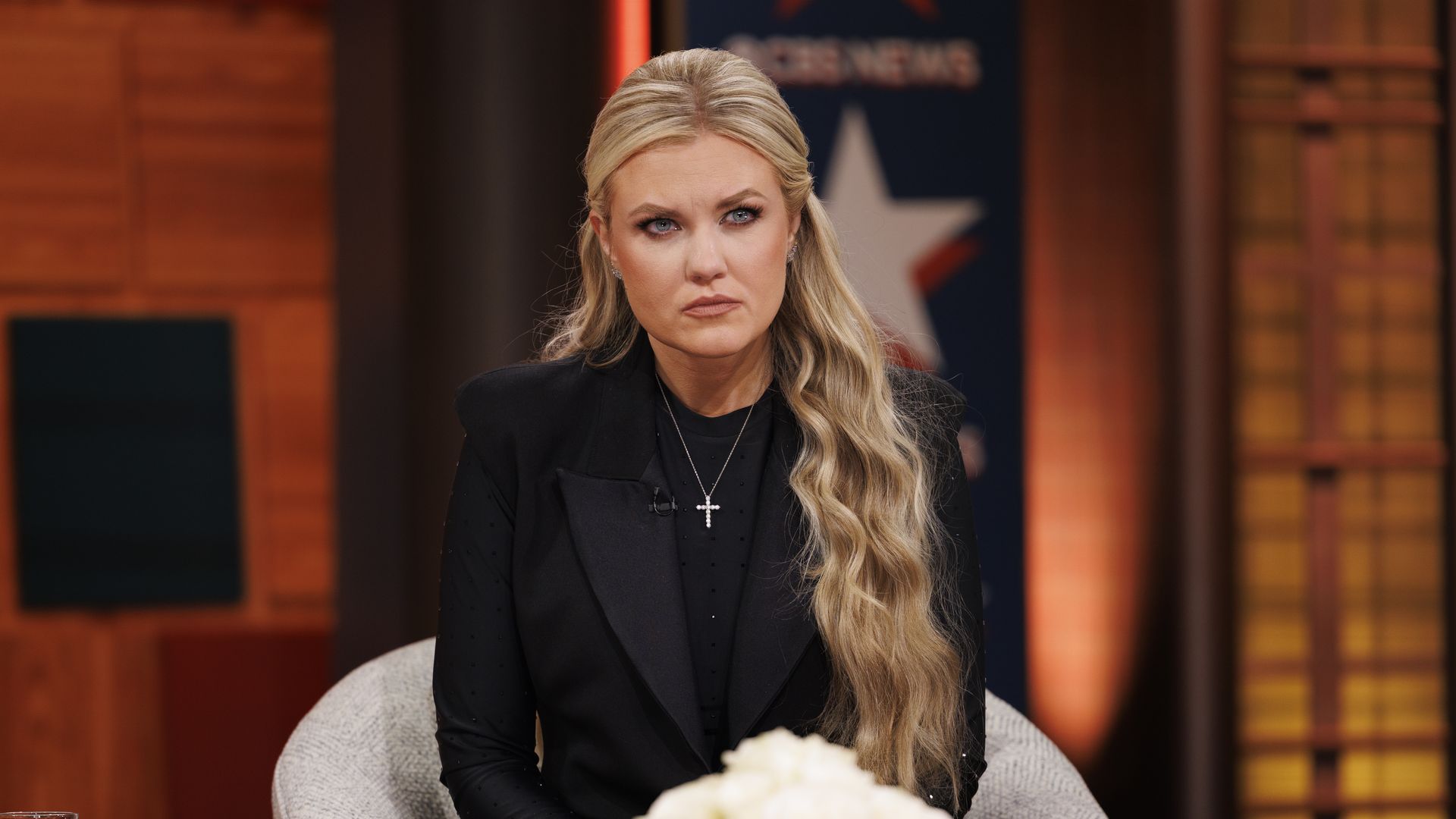 Erika Kirk speaks at a CBS News town hall event in which she was asked about Candace Owens' claims about her husband's death. 