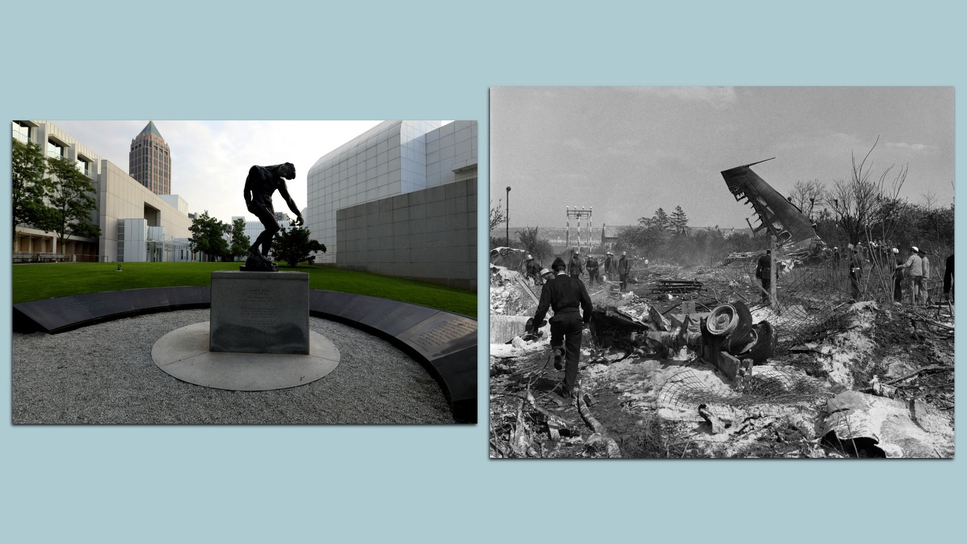 Two photos on a blue background. The photo on the left shows statue surrounded by modern buildings. The photo on the right is black and white and shows remnants of a plane crash. 