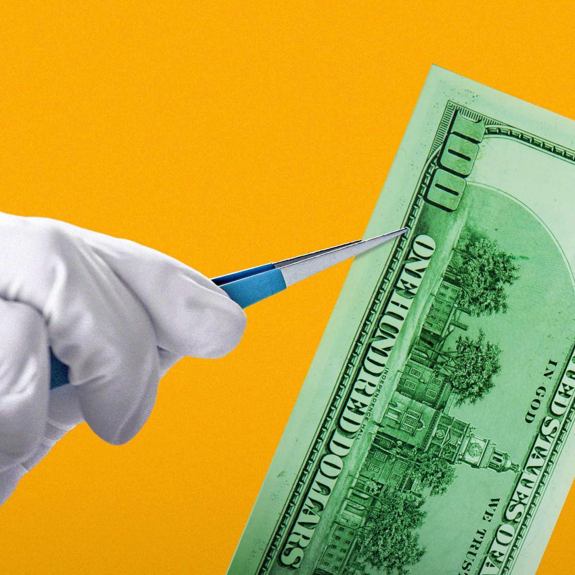 Illustration of a gloved hand with tweezers holding a $100 bill.