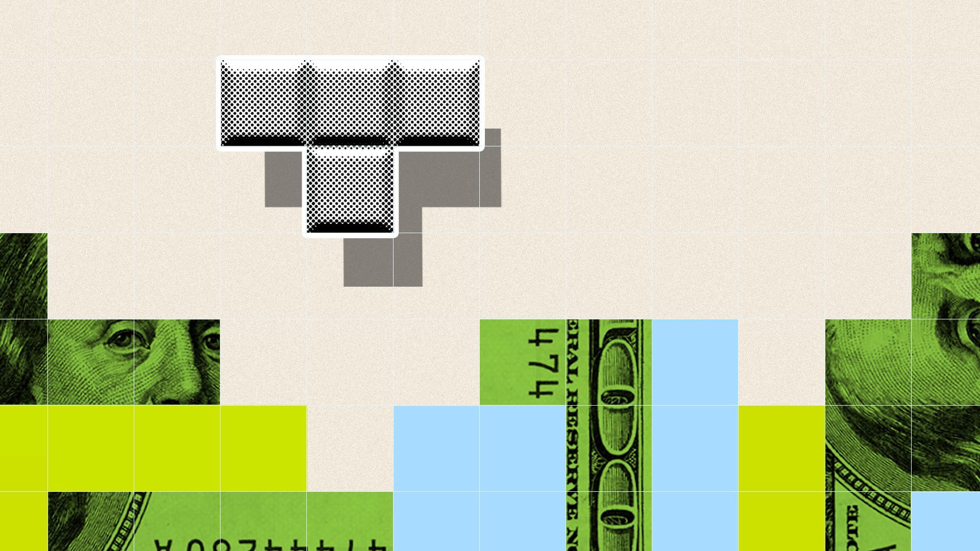 Illustration collage of a Tetris piece falling into a pattern of money-textured blocks