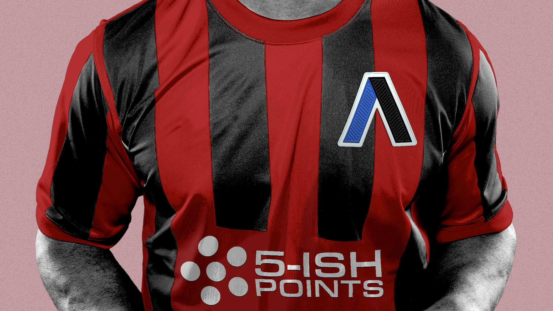 Illustration of a soccer player wearing a striped shirt with an Axios logo for a crest and an advertisement reading 5-ish Points. 