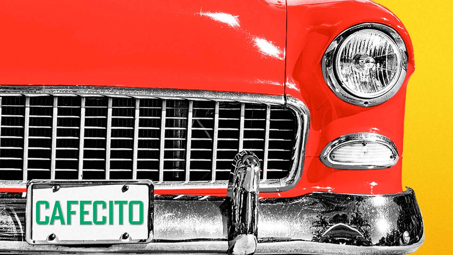 Illustration of a classic car with a "Cafecito" license plate.
