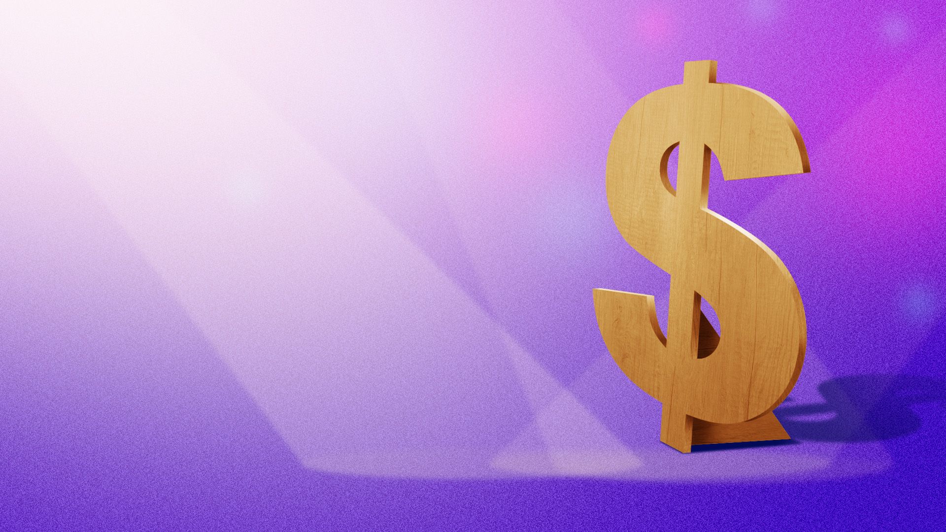 Illustration of a wooden prop dollar bill surrounded by stage lighting 