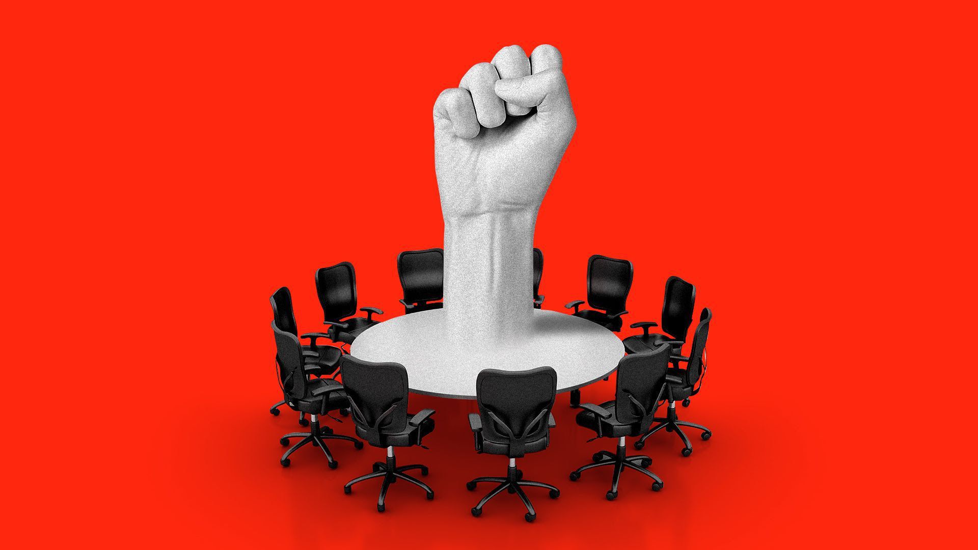 A fist rising out of a circular boardroom table surrounded by empty chairs