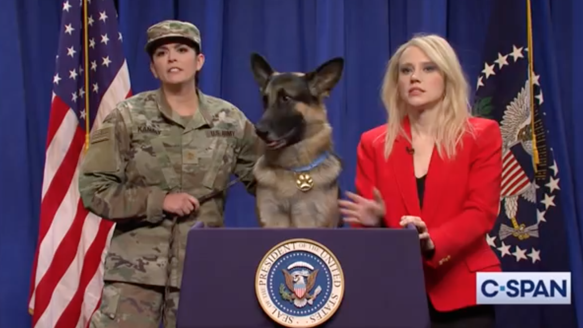 A screenshot of the spoof press conference on NBC's "Saturday Night Live" featuring "Conan the dog."