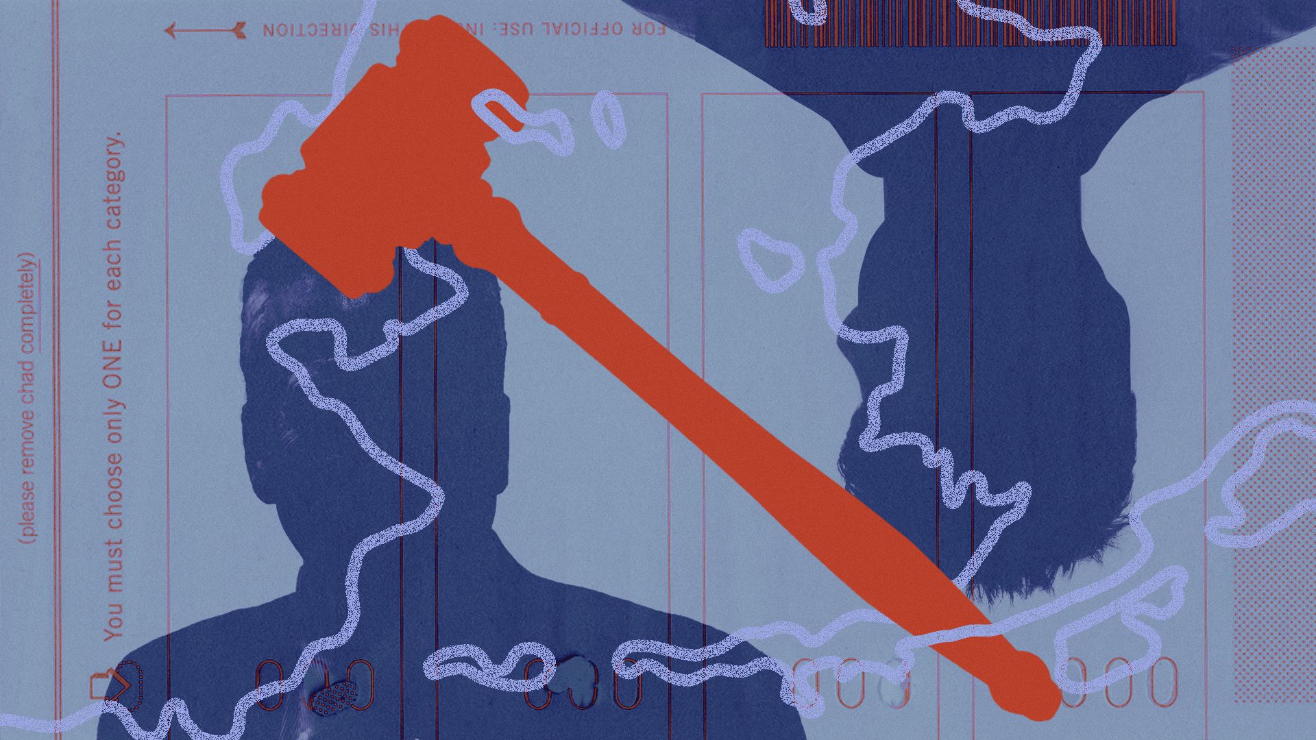 Photo illustration of outlines of two candidates overlaid on top of an abstract ballot, with the outline of the state of Alaska intertwined around a gavel.