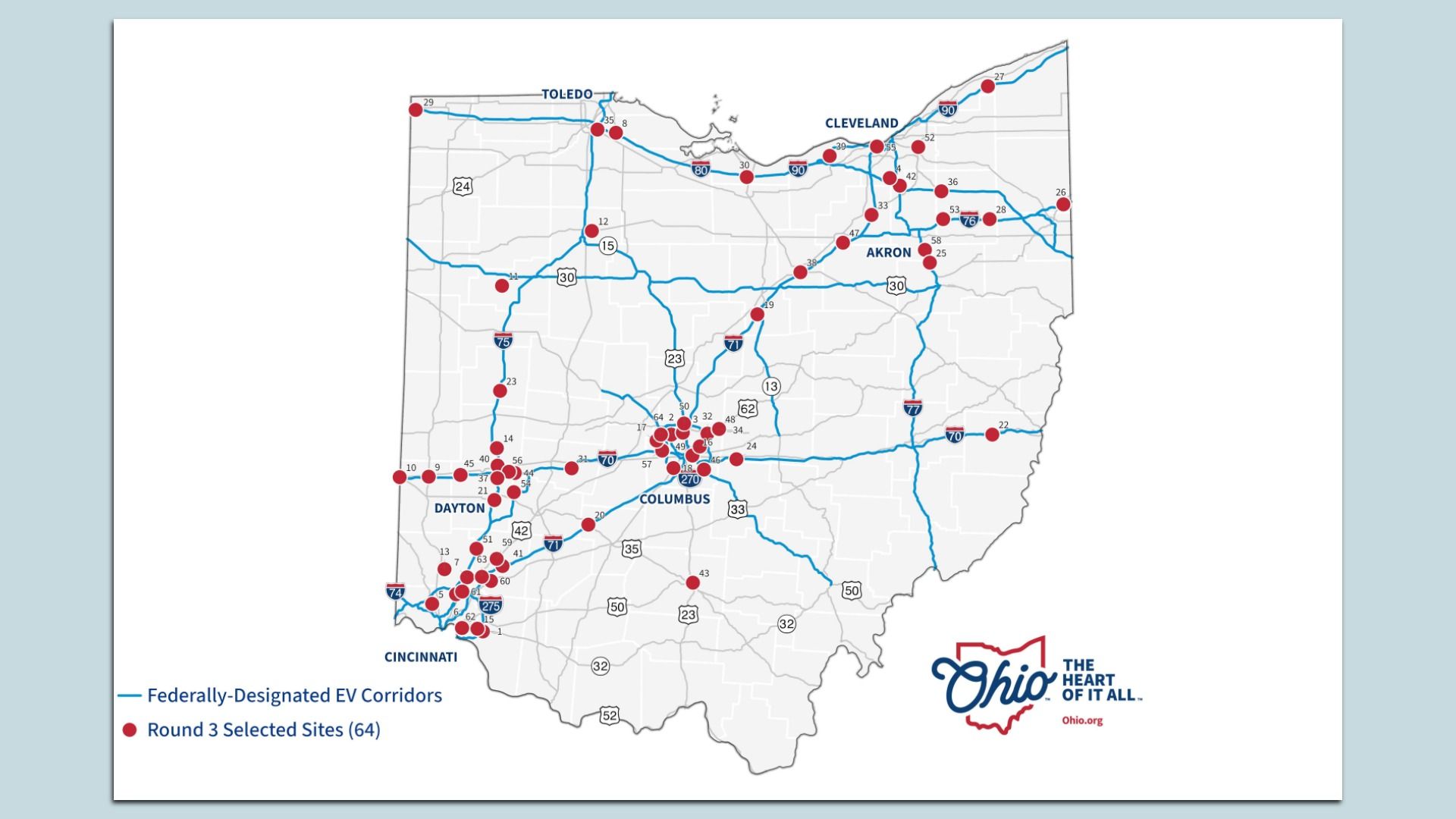 Map of Ohio with blue EV corridors and red dots for 64 Round 3 sites; major cities Columbus, Cleveland, Akron, Cincinnati, Dayton labeled, Ohio logo bottom right.