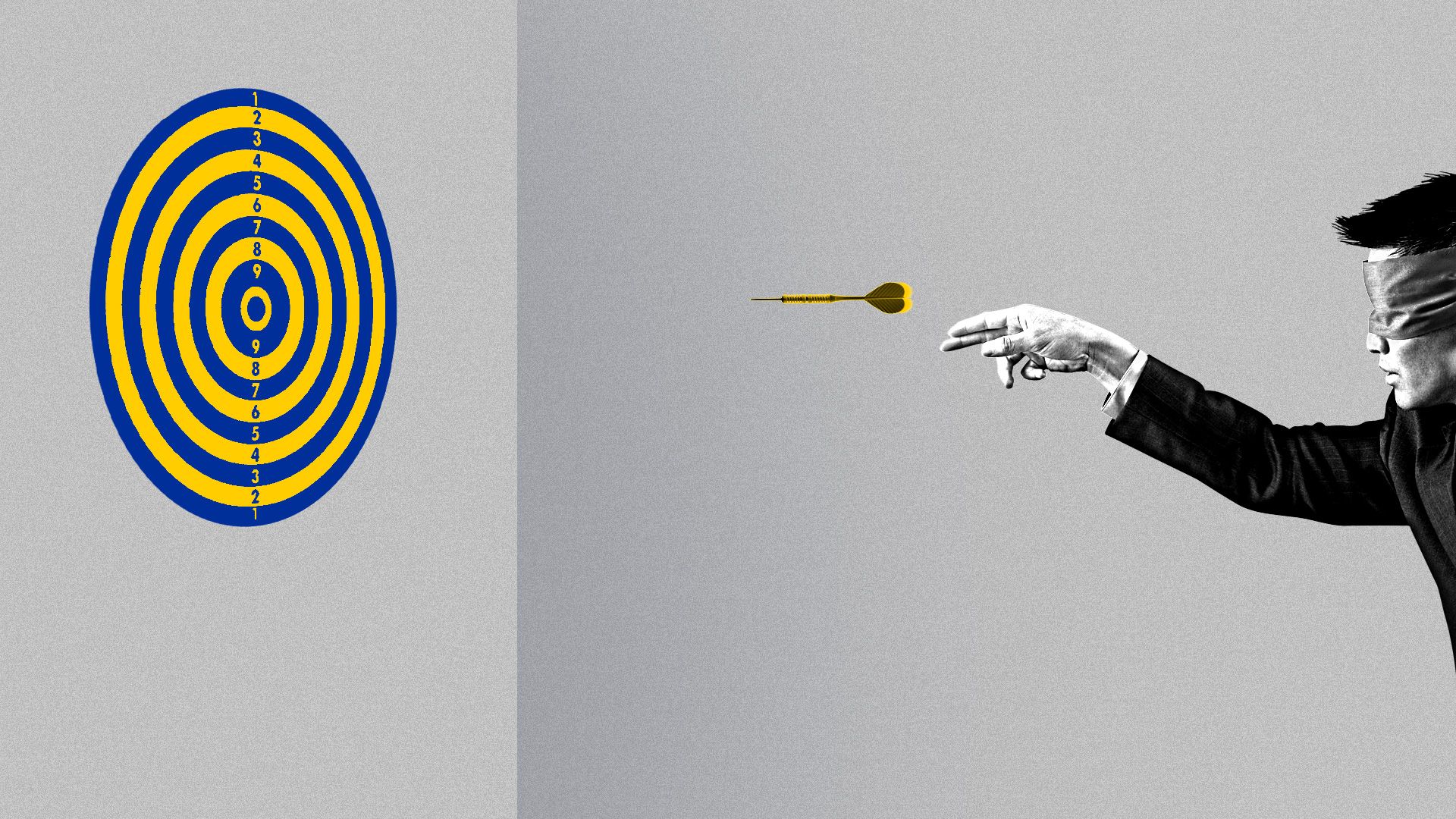 A man throwing a dart with a blindfold on.