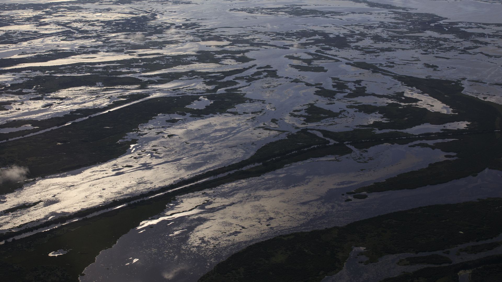 An aerial photo of marshland.