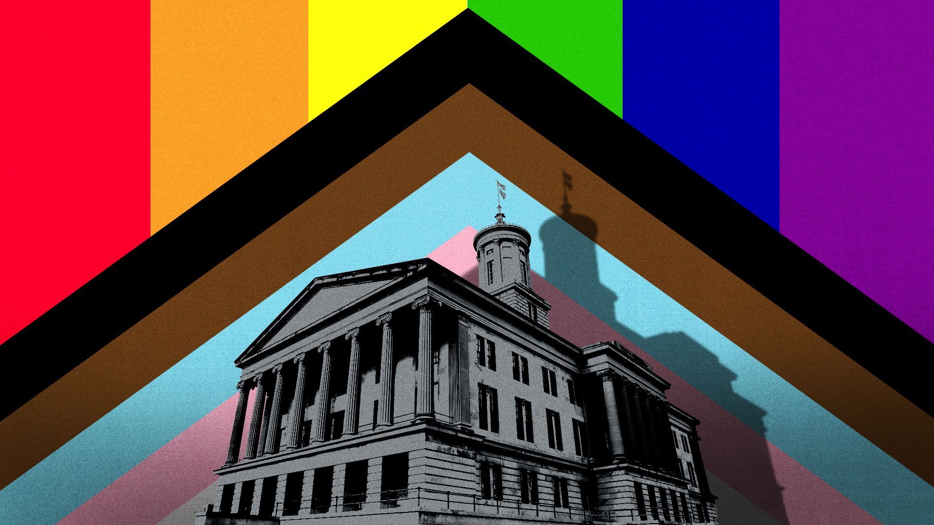 Illustration of Tennessee's state capitol house casting a shadow on the Progress Pride flag.