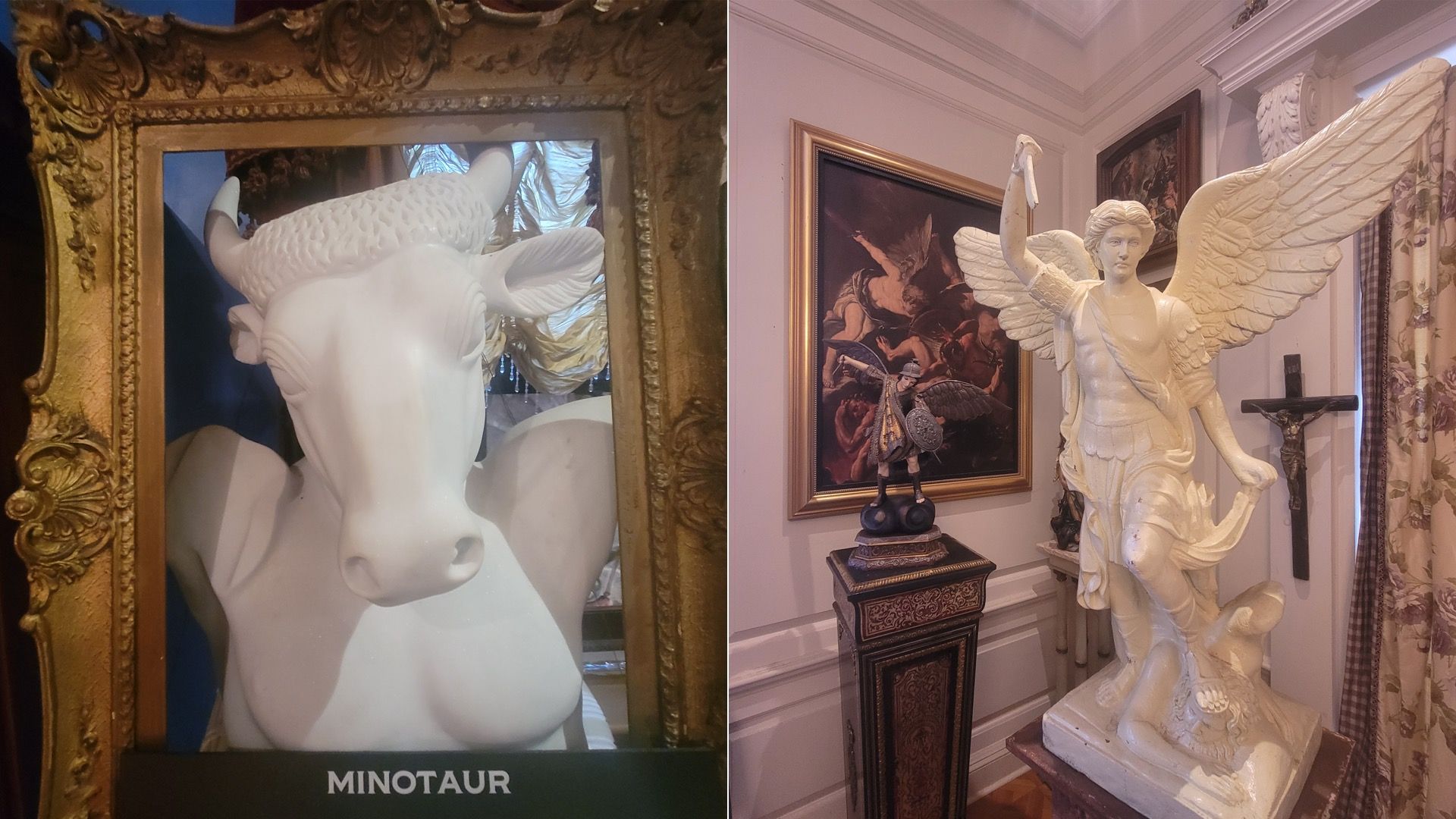 On the left, a white sculpture of a Minotaur bust inside an ornate gold frame. On the right, a white statue of St. Michael the Arch Angel. 