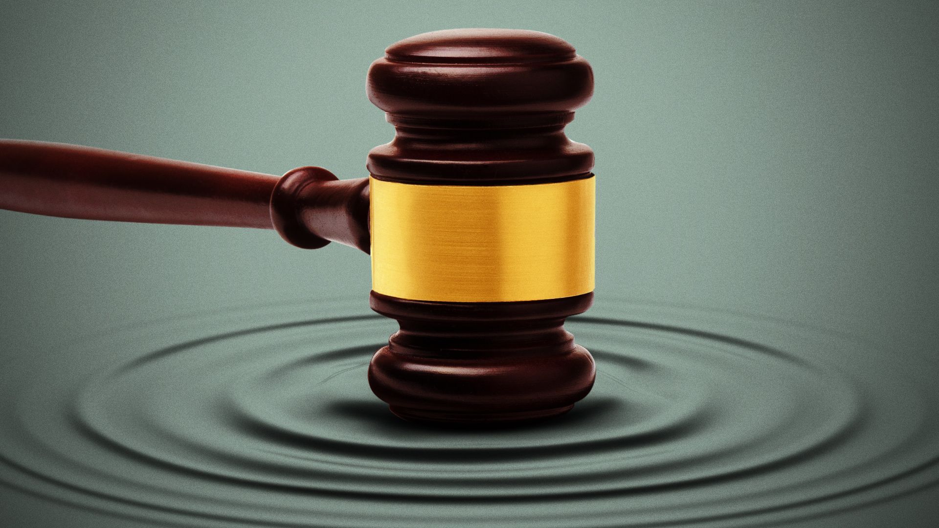 Illustration of a gavel hitting the floor and generating ripples. 