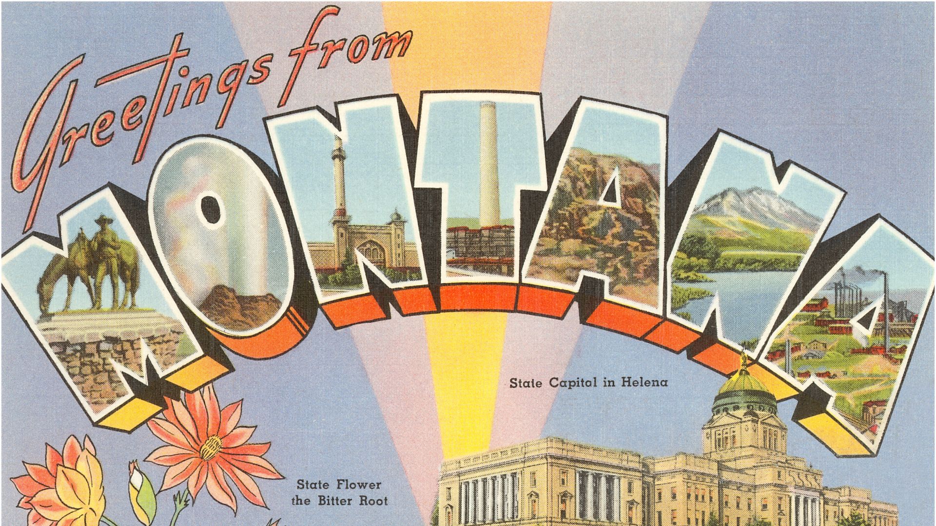 A vintage "Greetings from Montana" postcard in pastel colors