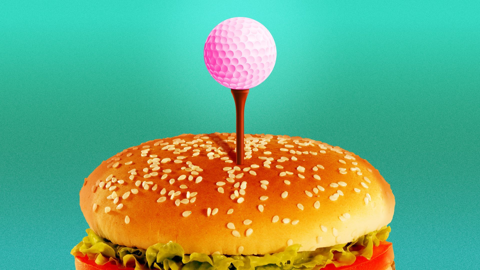 Illustration of a golfball on a tee sticking out of a burger
