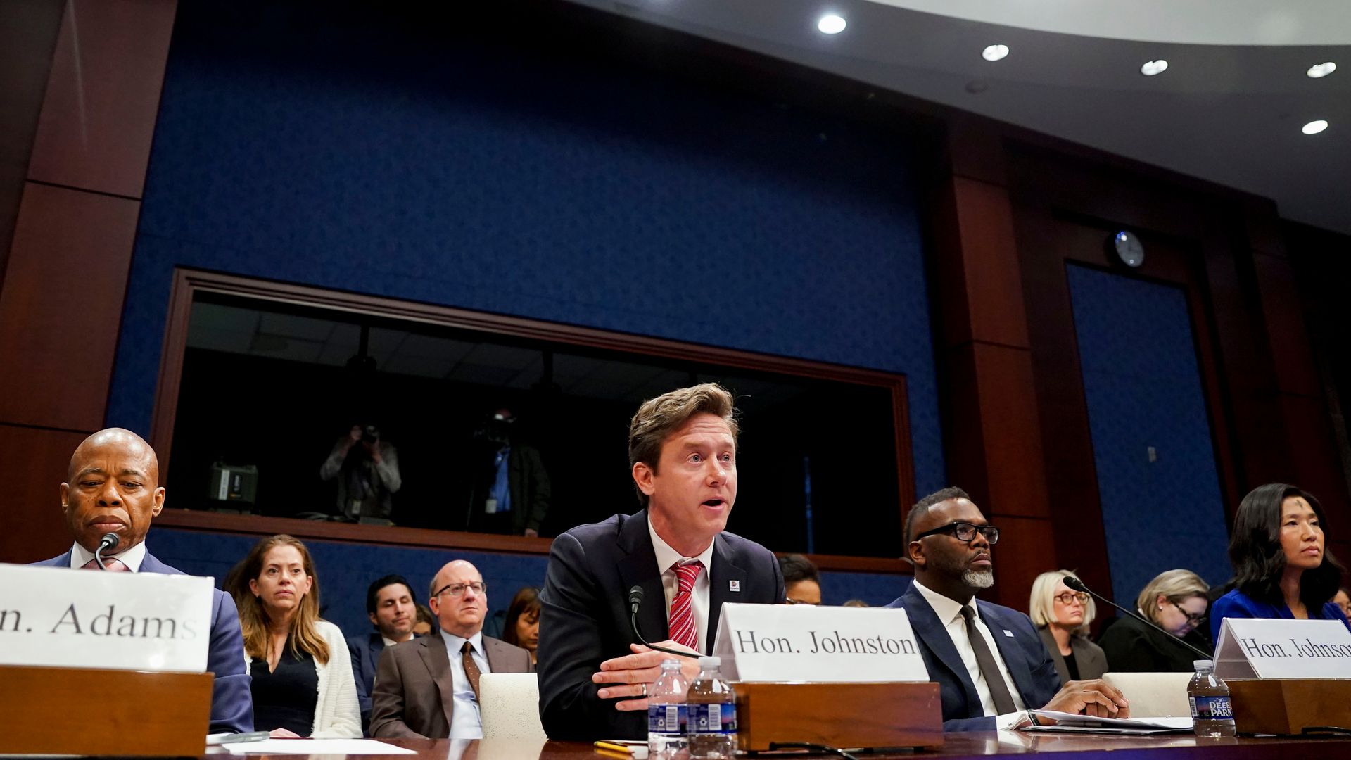 Eric Adams, mayor of New York, from left, Mike Johnston, mayor of Denver, Brandon Johnson, mayor of Chicago, and Michelle Wu, mayor of Boston, during a House Oversight and Governmental Affairs Committee hearing in Washington, DC, US, on Wednesday, March 5, 2025. Republican lawmakers repeatedly attac