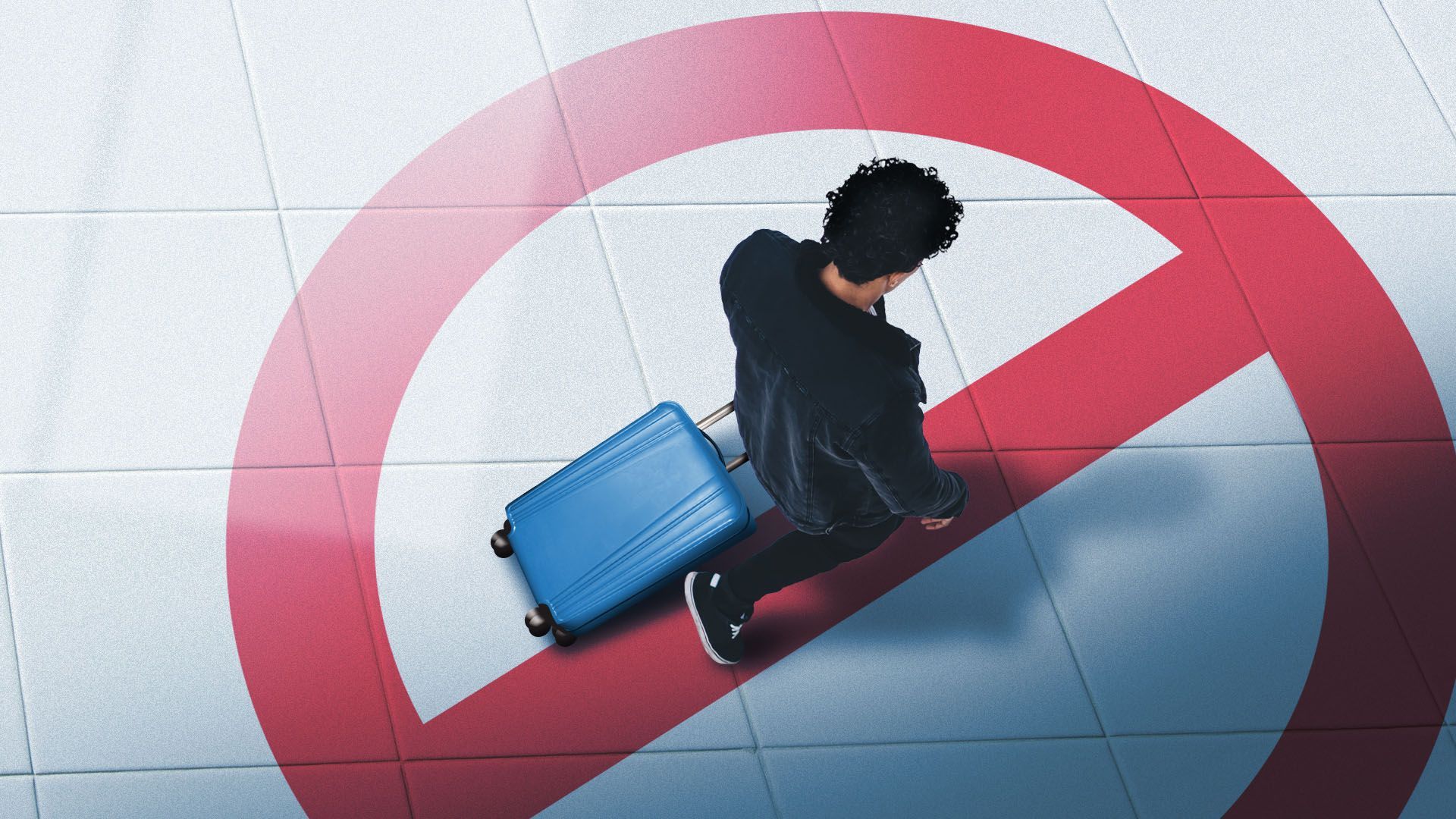 Illustration of a man with a rolling suitcase at an airport walking over a "no" sign