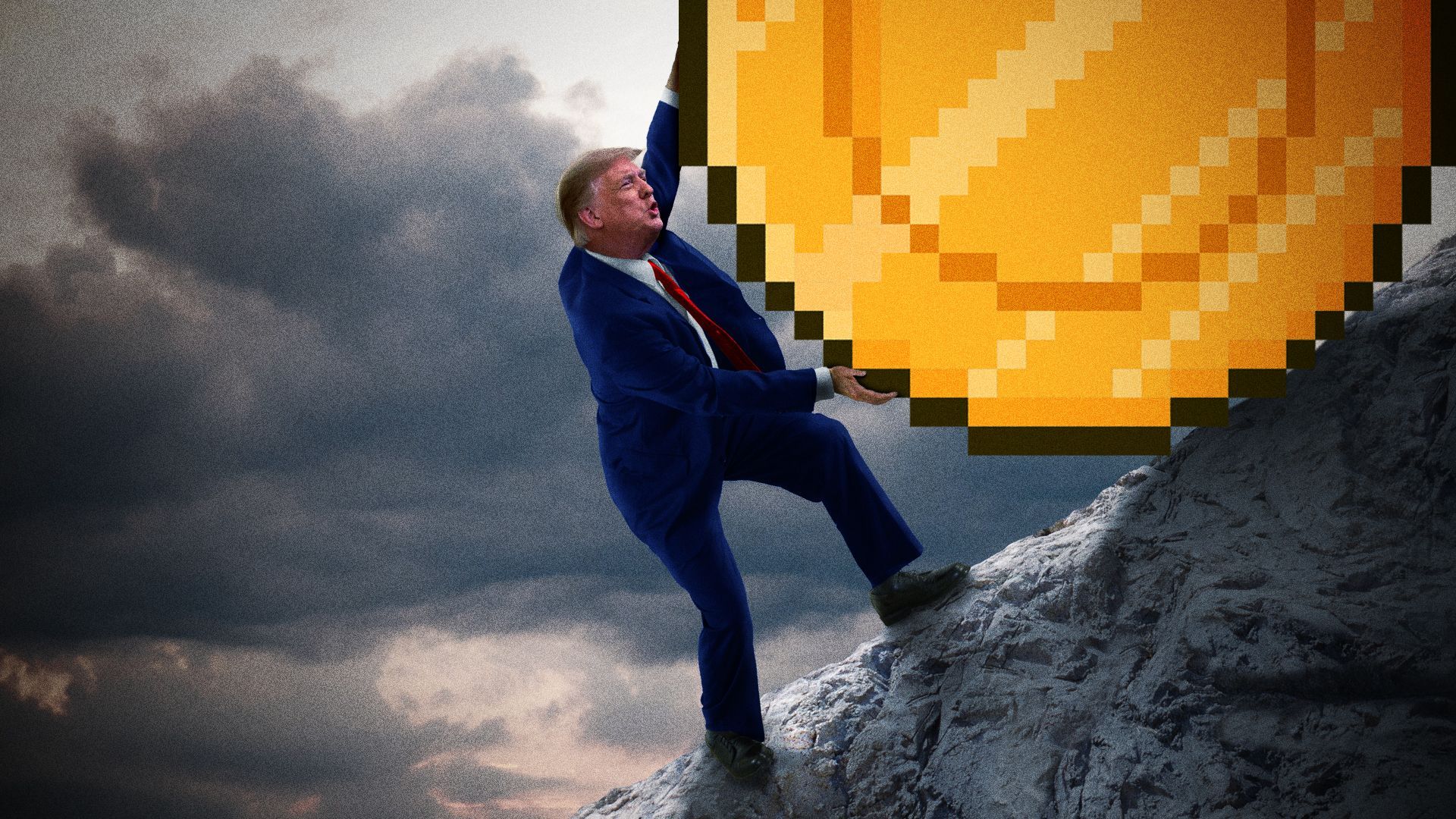 Illustration of Donald Trump pushing a large pixelated coin up the mountain, as if he is Sisyphus.