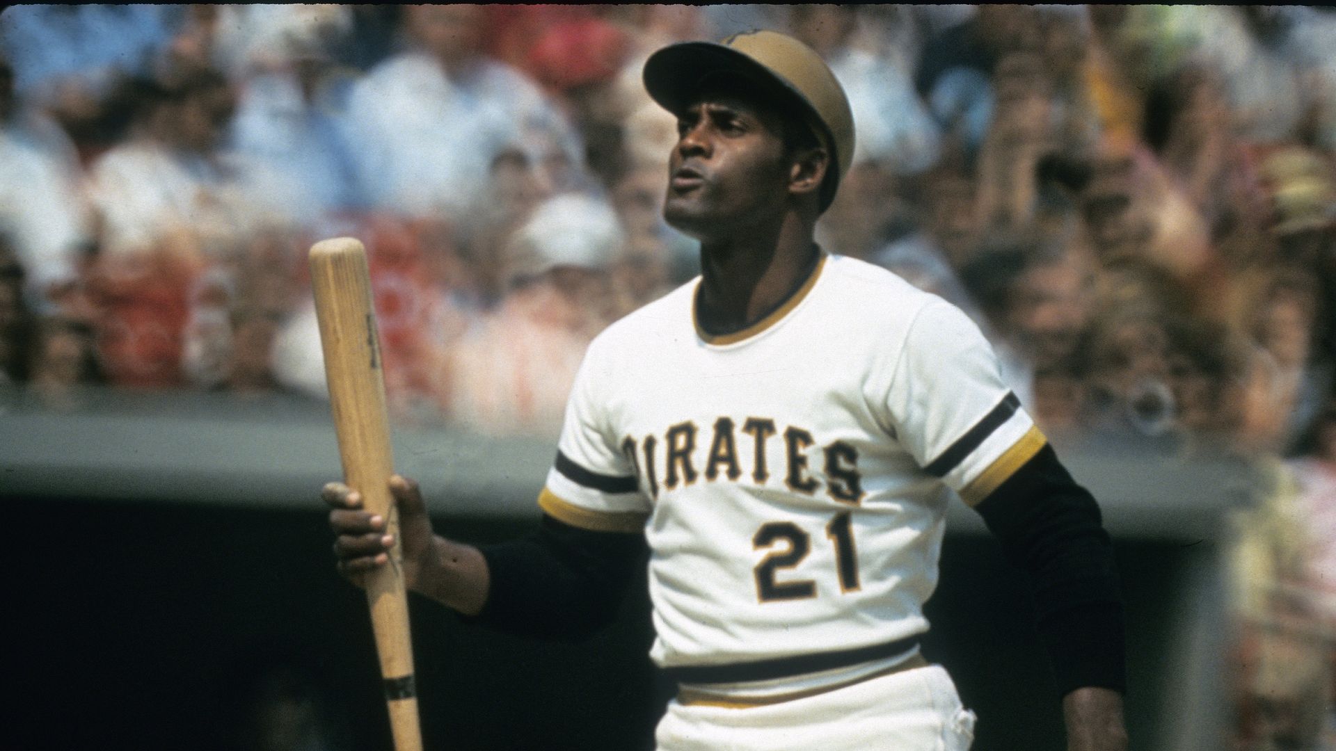 Roberto Clemente of Pittsburgh Pirates stands at home plate during a MLB baseball game circa early 1970s at Three Rivers Stadium in Pittsburgh