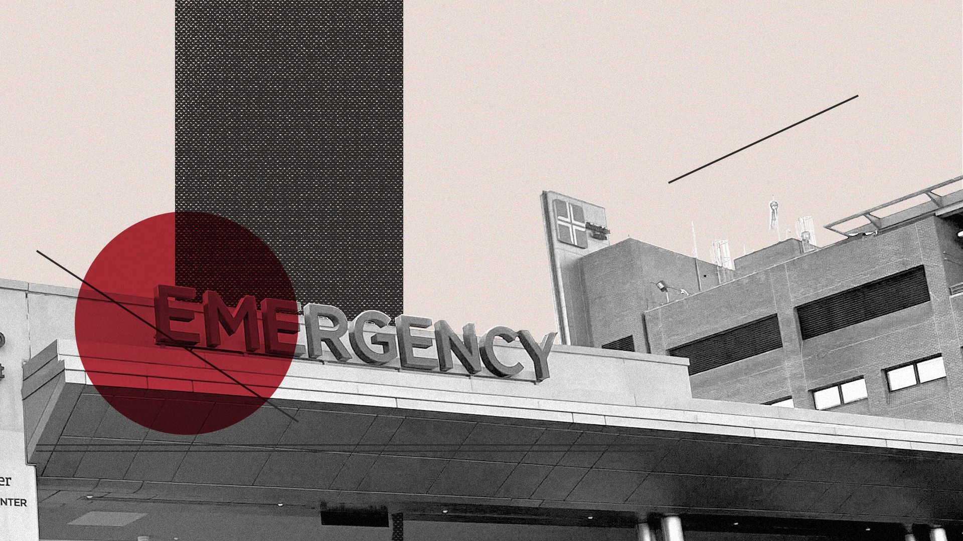 Illustration of a hospital emergency room with different colored shapes around it. 