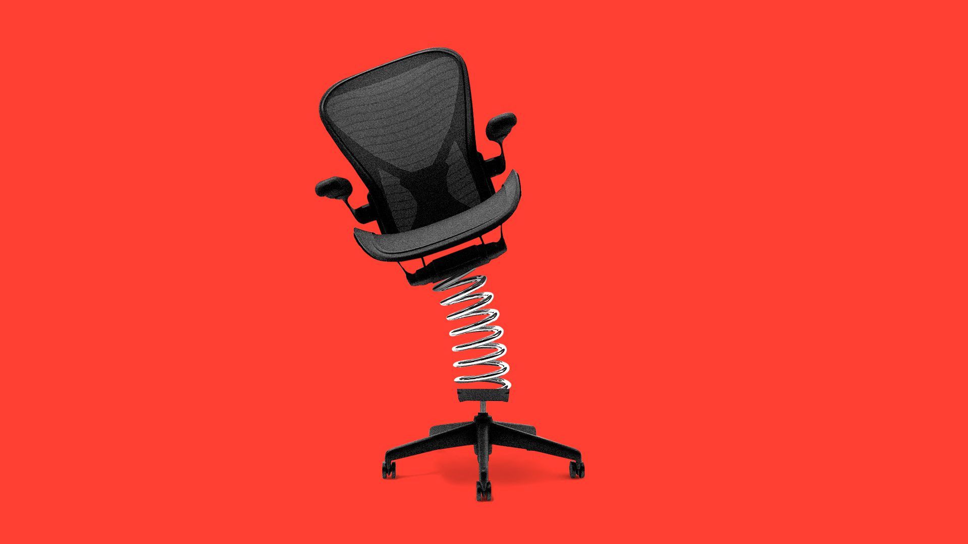 An illustration of a desk chair with springs on the seat in front of a red background.