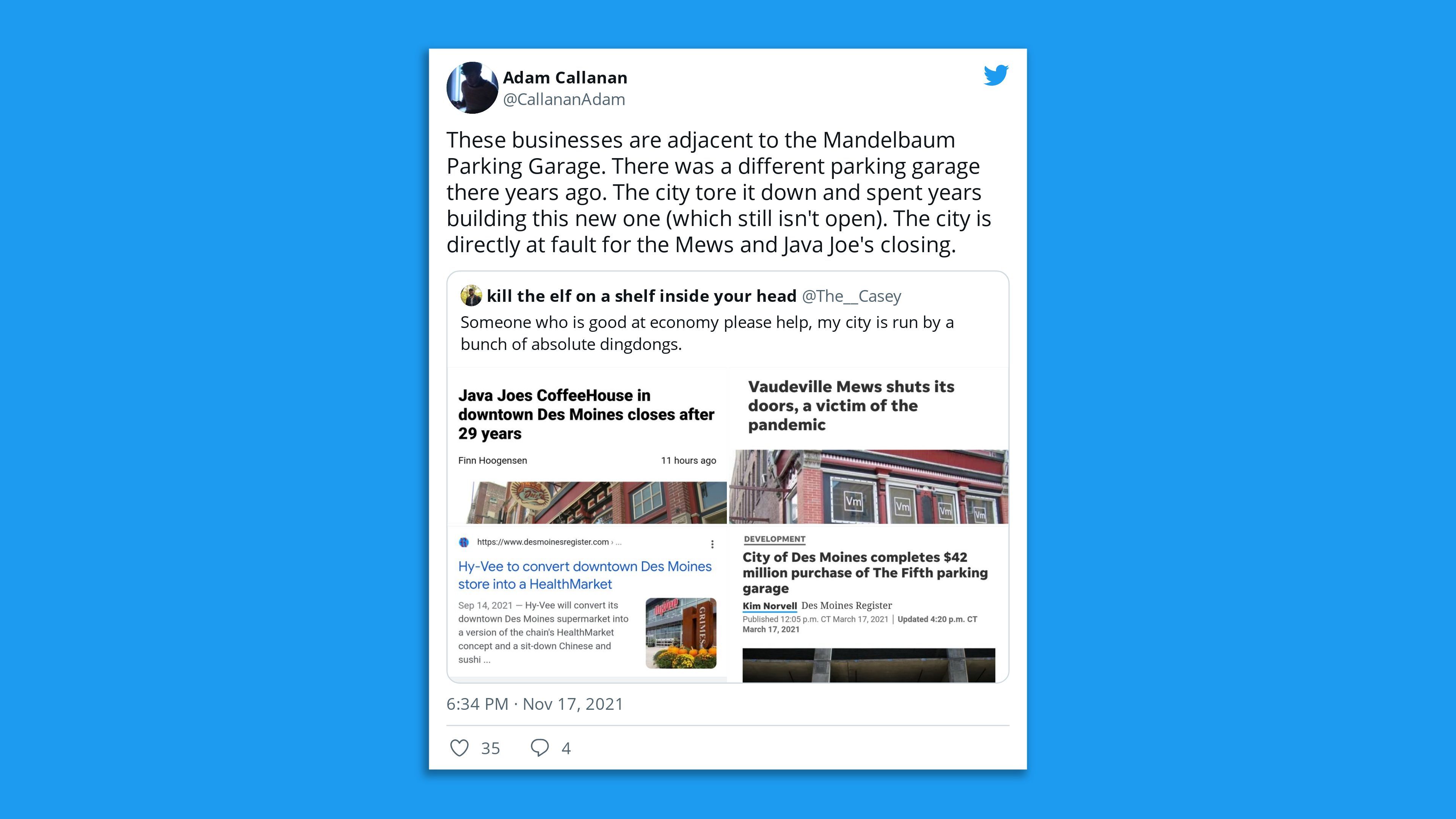A tweet criticizing Des Moines' new parking garage