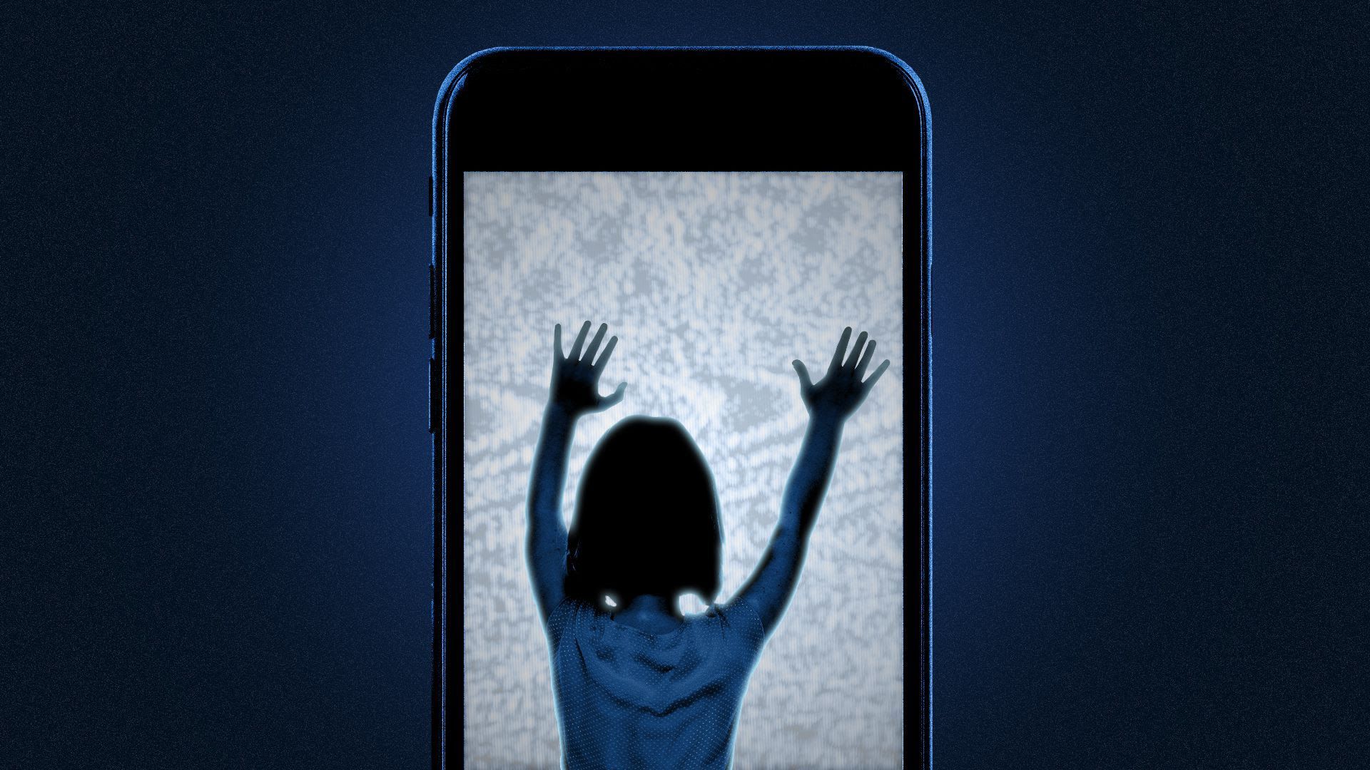 An illustration of a kid banging on the screen of a life-size smartphone