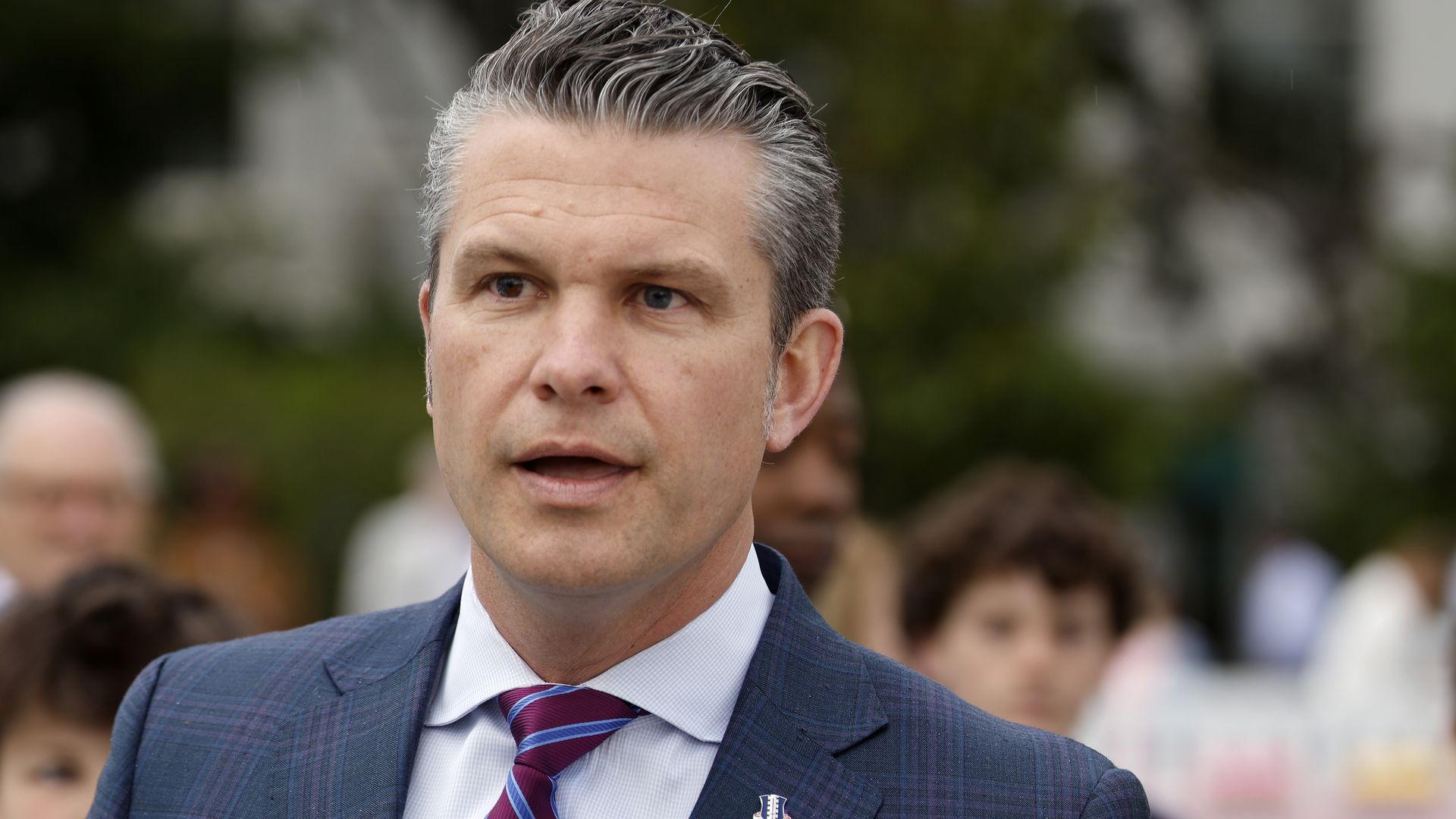 Secretary of Defense Pete Hegseth speaks to reporters during the White House Easter Egg Roll on the South Lawn of the White House on April 21, 2025 in Washington, DC. The White House said they are expecting thousands of children and adults to participate in the annual tradition of rolling colored eg