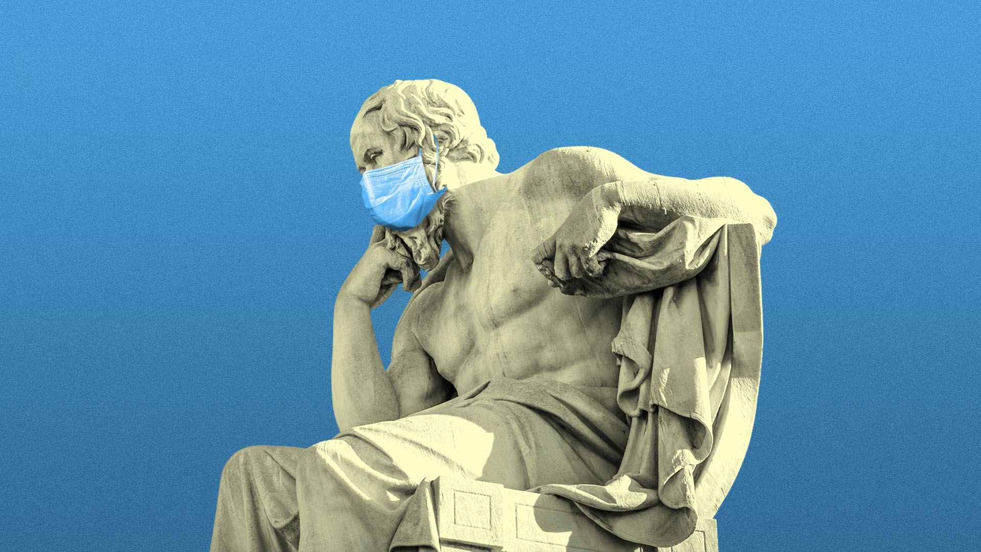 Illustration of the Greek statue of a thinking Socrates with a medical mask on