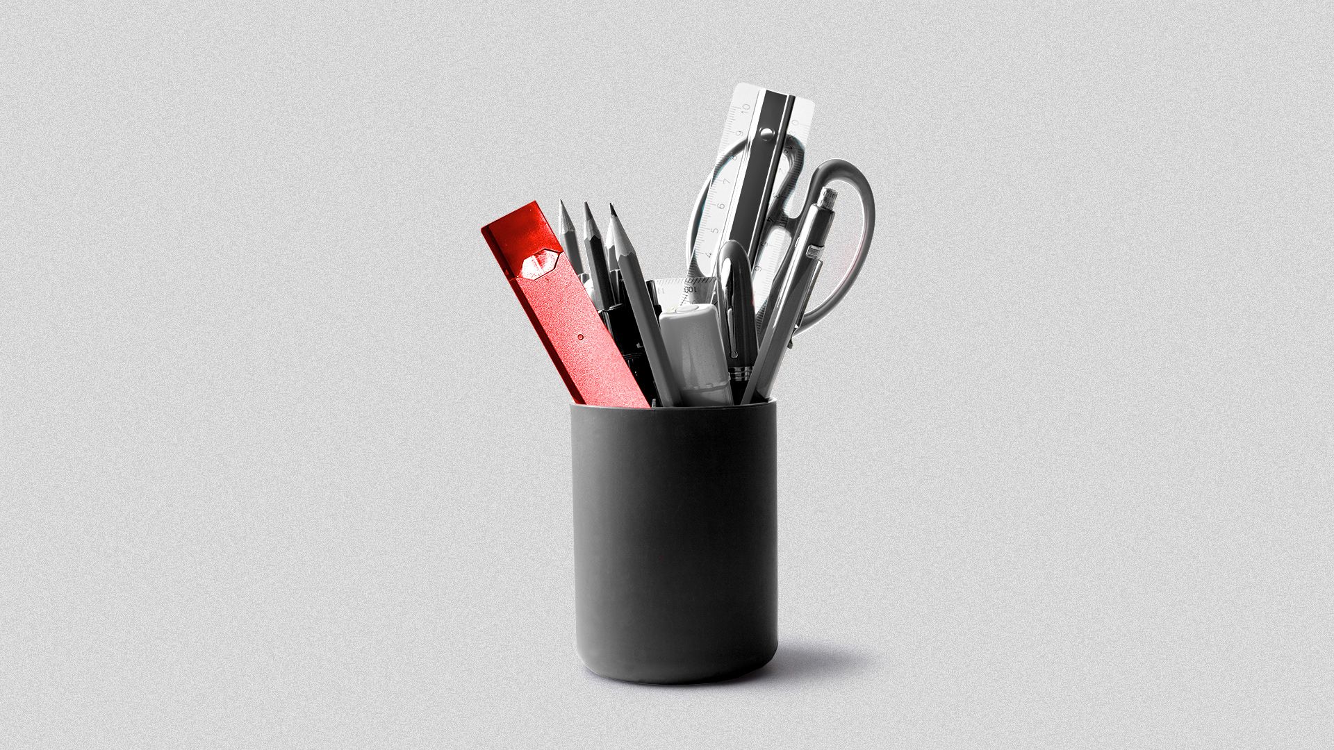 Illustration of a cup of school supplies with a juul in the cup.