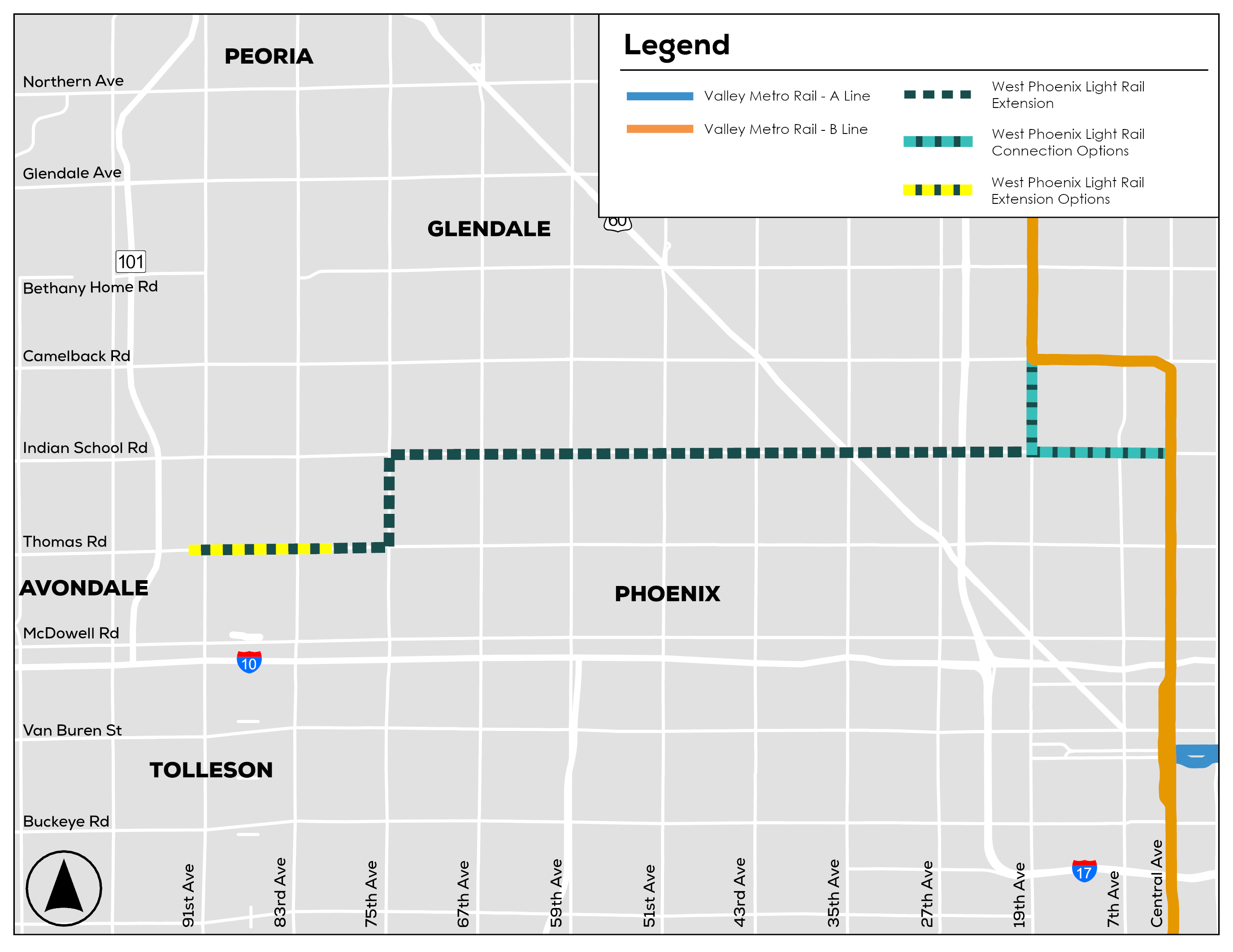 Map of the Phoenix metro area with Glendale, Avondale, Peoria, Phoenix. Light gray streets; bold labels; blue A Line and orange B Line rails; teal and yellow dashed extension options; legend box.