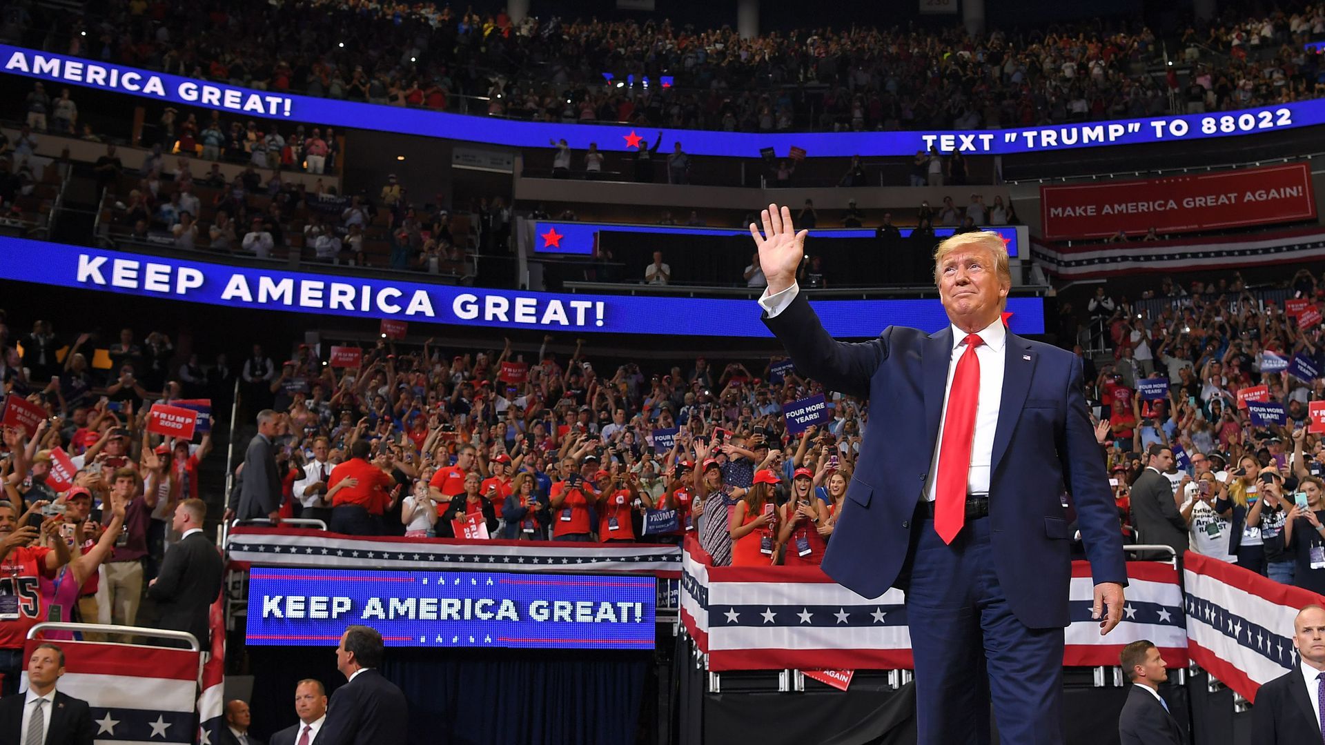 President Trump arrives to speak at his Amway Center rally in Orlando, Florida. 