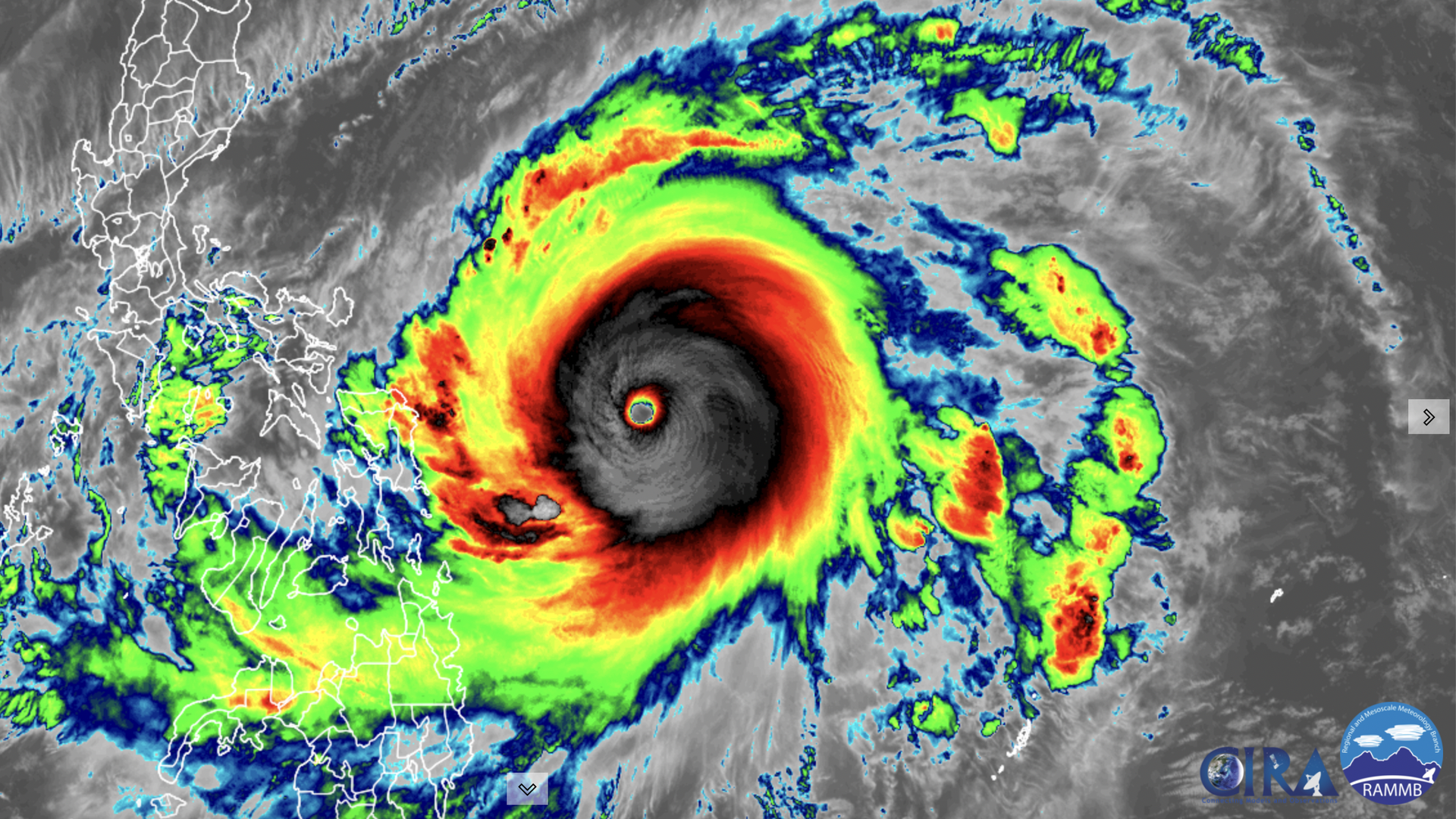 Satellite image showing a Category 5 storm east of the Philippines.