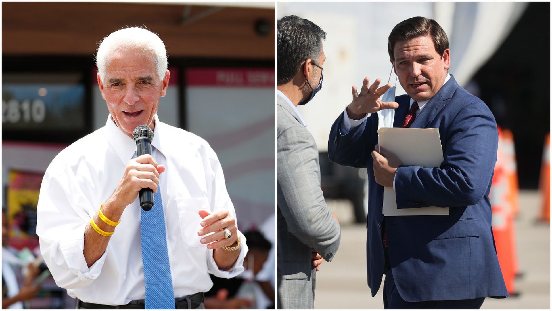 Collage picture with Rep. Charlie Crist on the left and Florida Gov. Ron DeSantis on the right