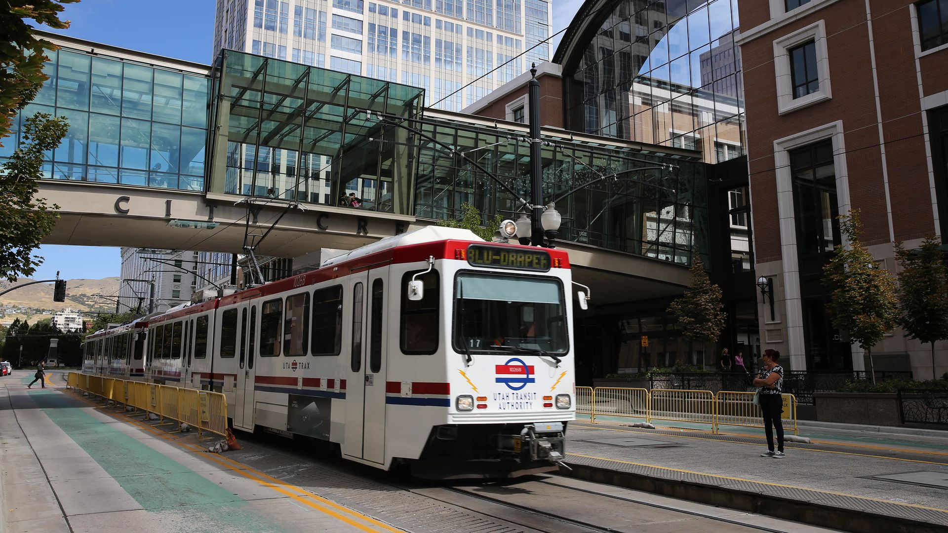 UTA's Trax train stops in downtown Salt Lake City.